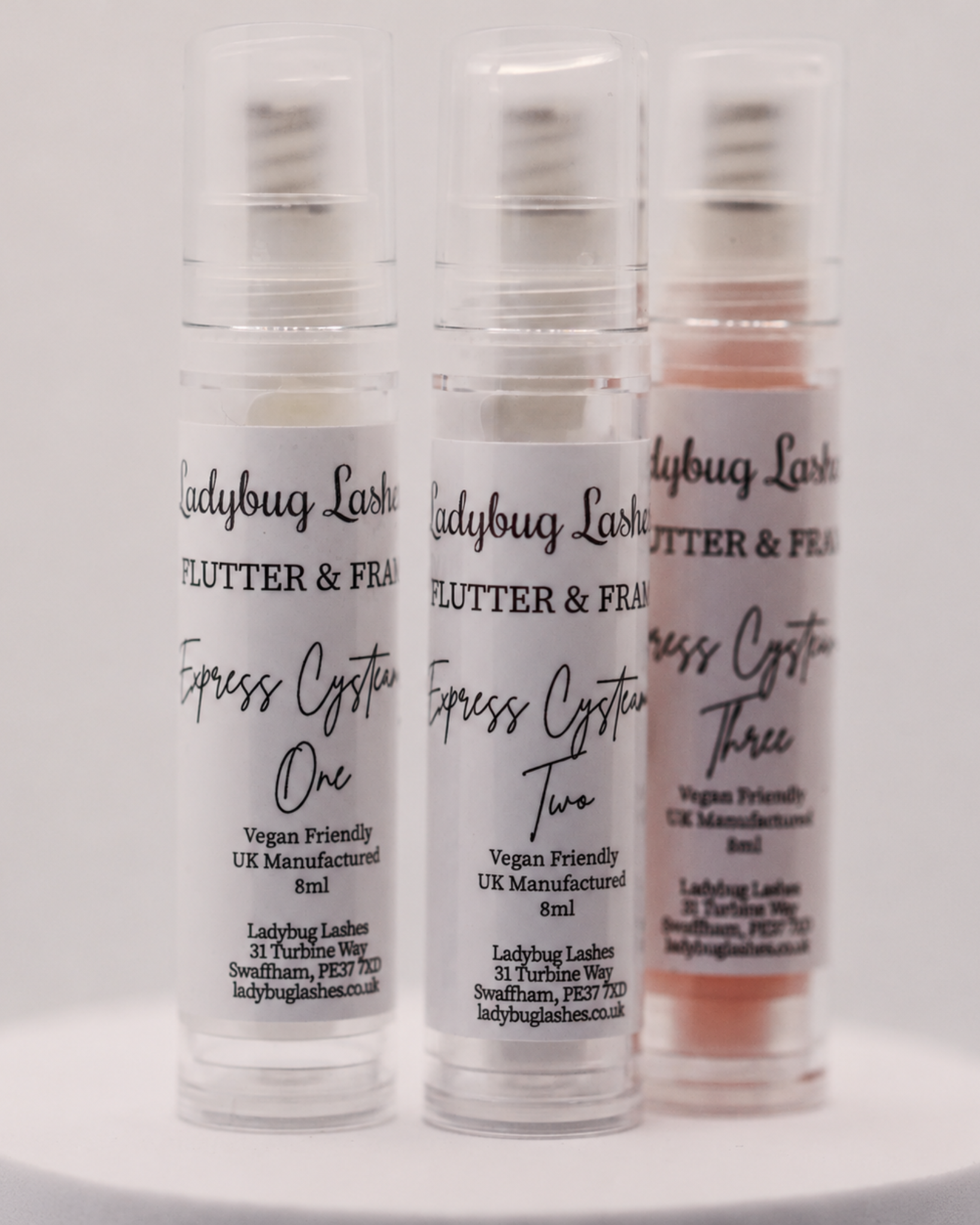 LADYBUGLASHES Express Cysteamine Lash Lift & Brow Lamination 3-Step System – steps 1, 2 and 3