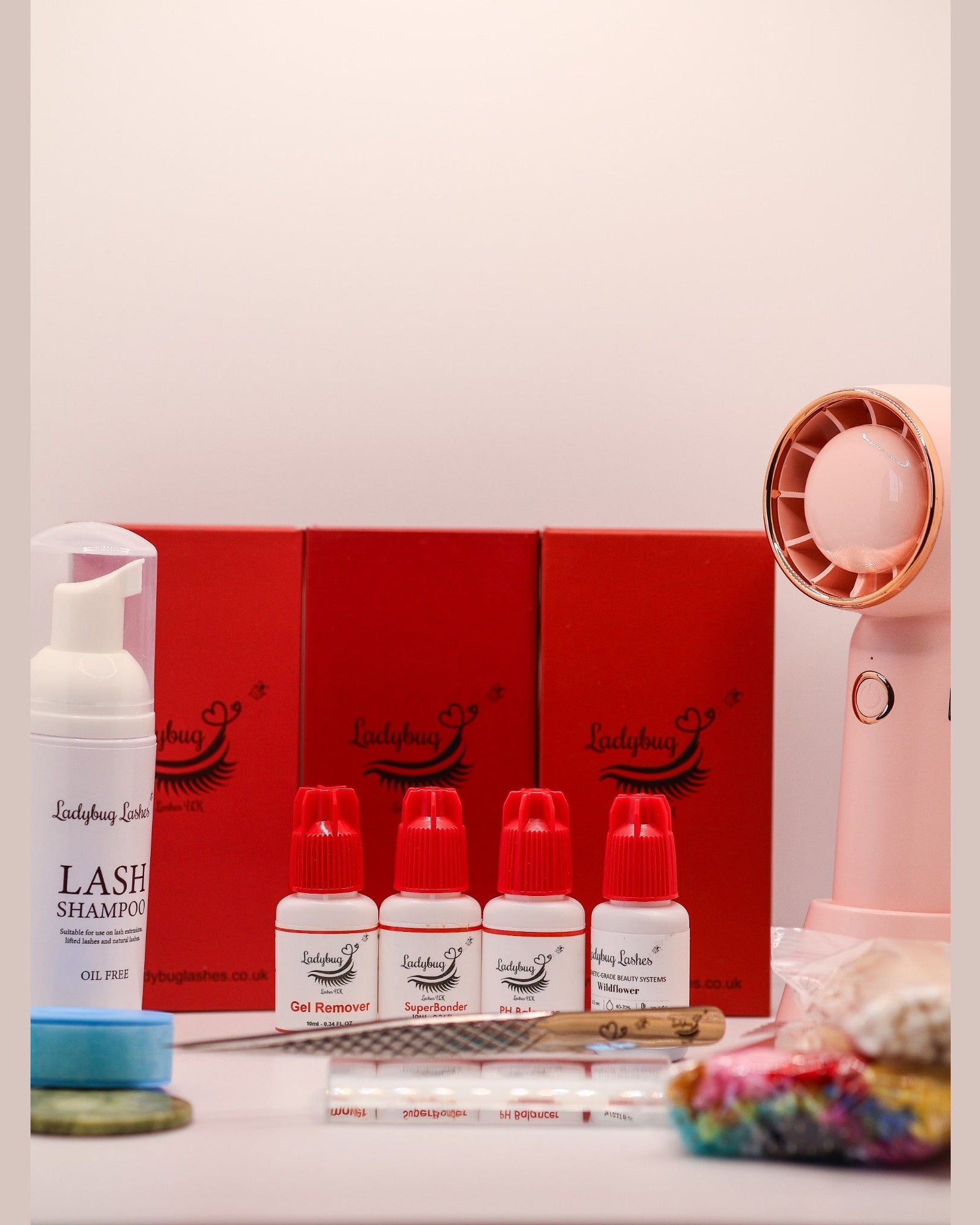 Ladybug Lashes Silver Lash Starter Kit — three lash tray boxes, foam shampoo pump, Gel Remover, SuperBonder, pH Balancer & Wildflower adhesive, gel tape, jade stone, tweezers, bamboo wands, spoolies and mini fan on white.
