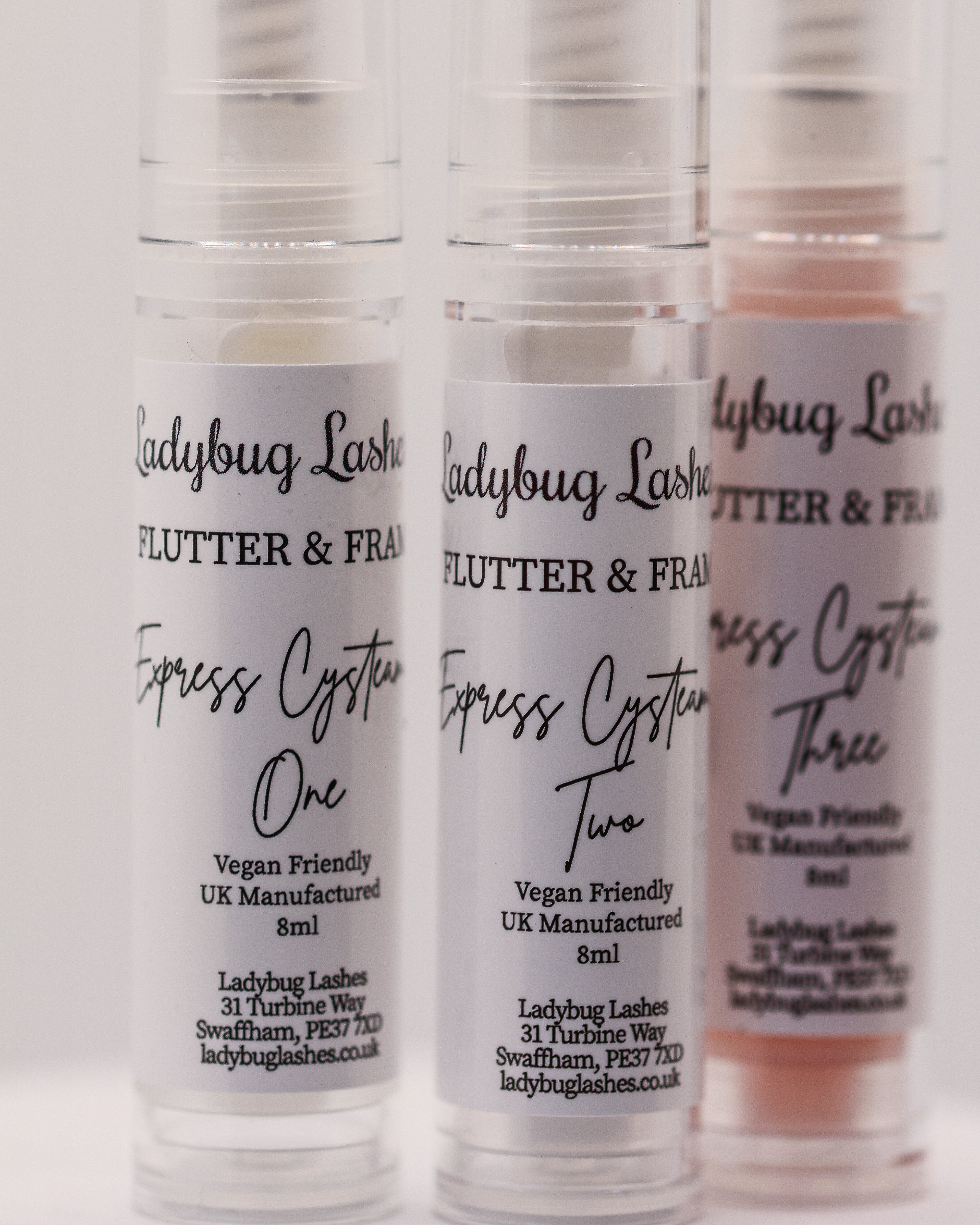LADYBUGLASHES Express Cysteamine Lash Lift & Brow Lamination 3-Step System – steps 1, 2 and 3