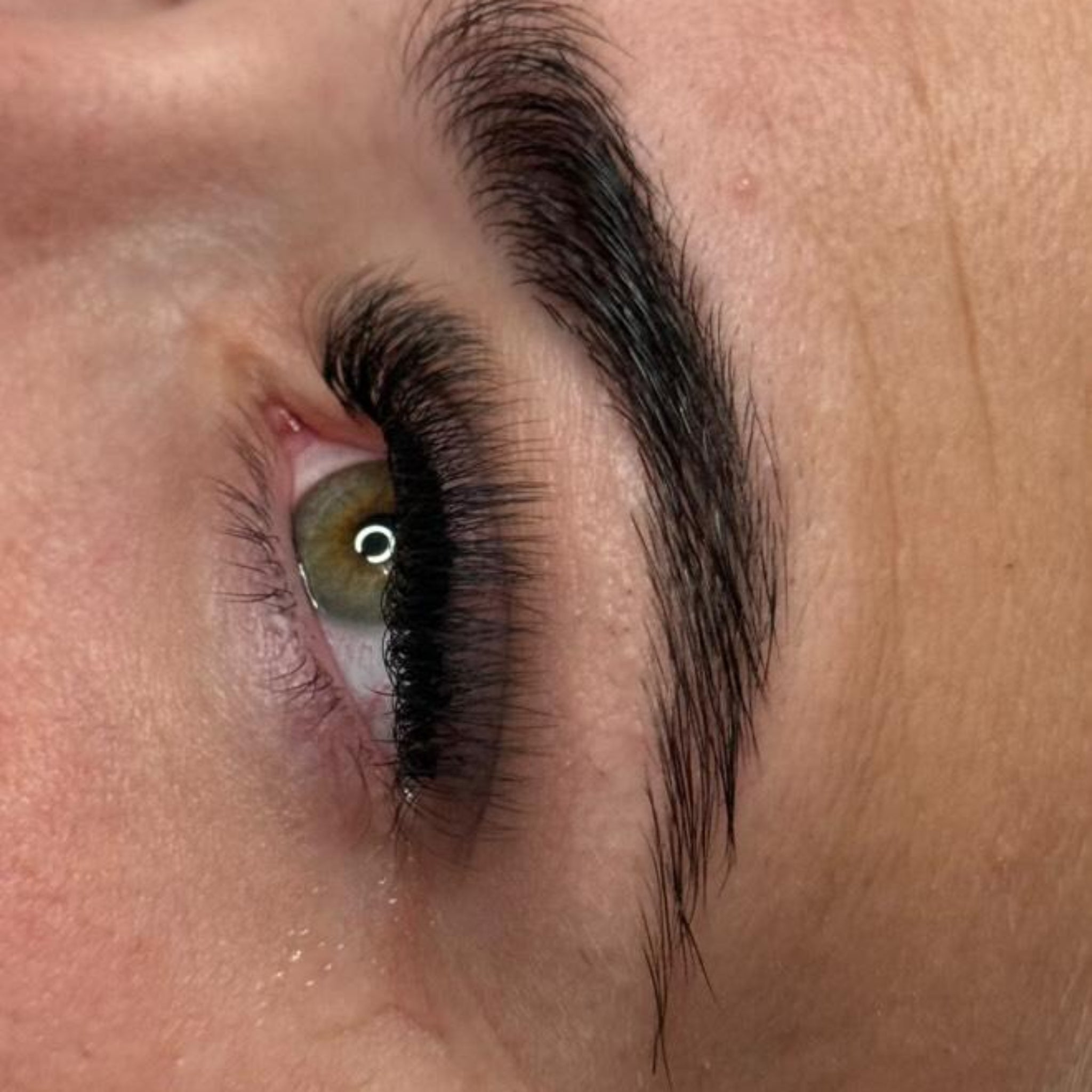Completed Ladybug Lashes 10D Clover lash set on hazel-green eye showing dense ultra black volume and dramatic curl from side angle