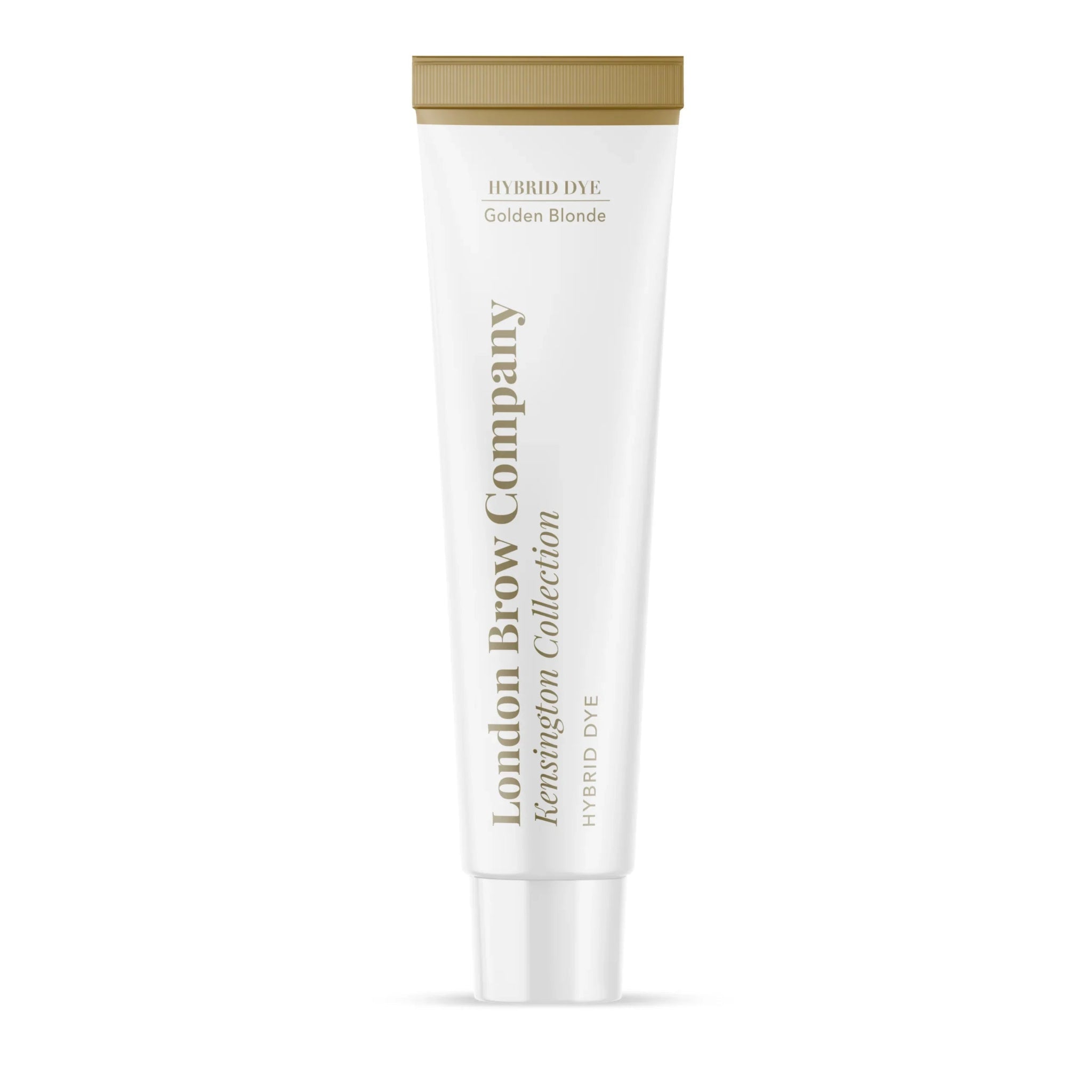 The London Brow Company Kensington Collection Hybrid Dye 15ml tube product shot showing Golden Blonde shade white tube with gold cap and London Brow Company Kensington Collection Hybrid Dye label from front angle on white background
