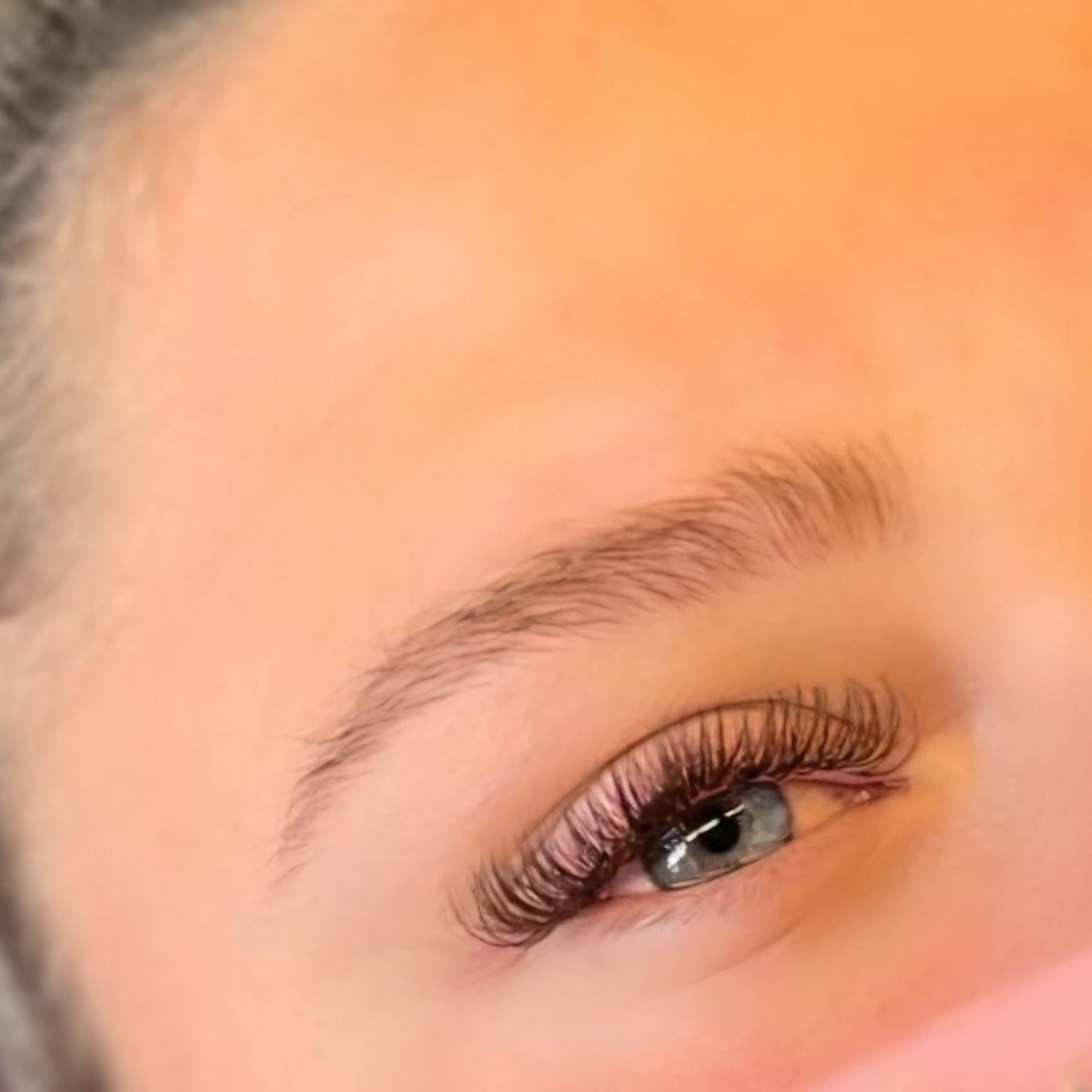Completed brown Fairy lash extension set on blue-grey eyes showing soft wispy volume and natural brown tone beautiful