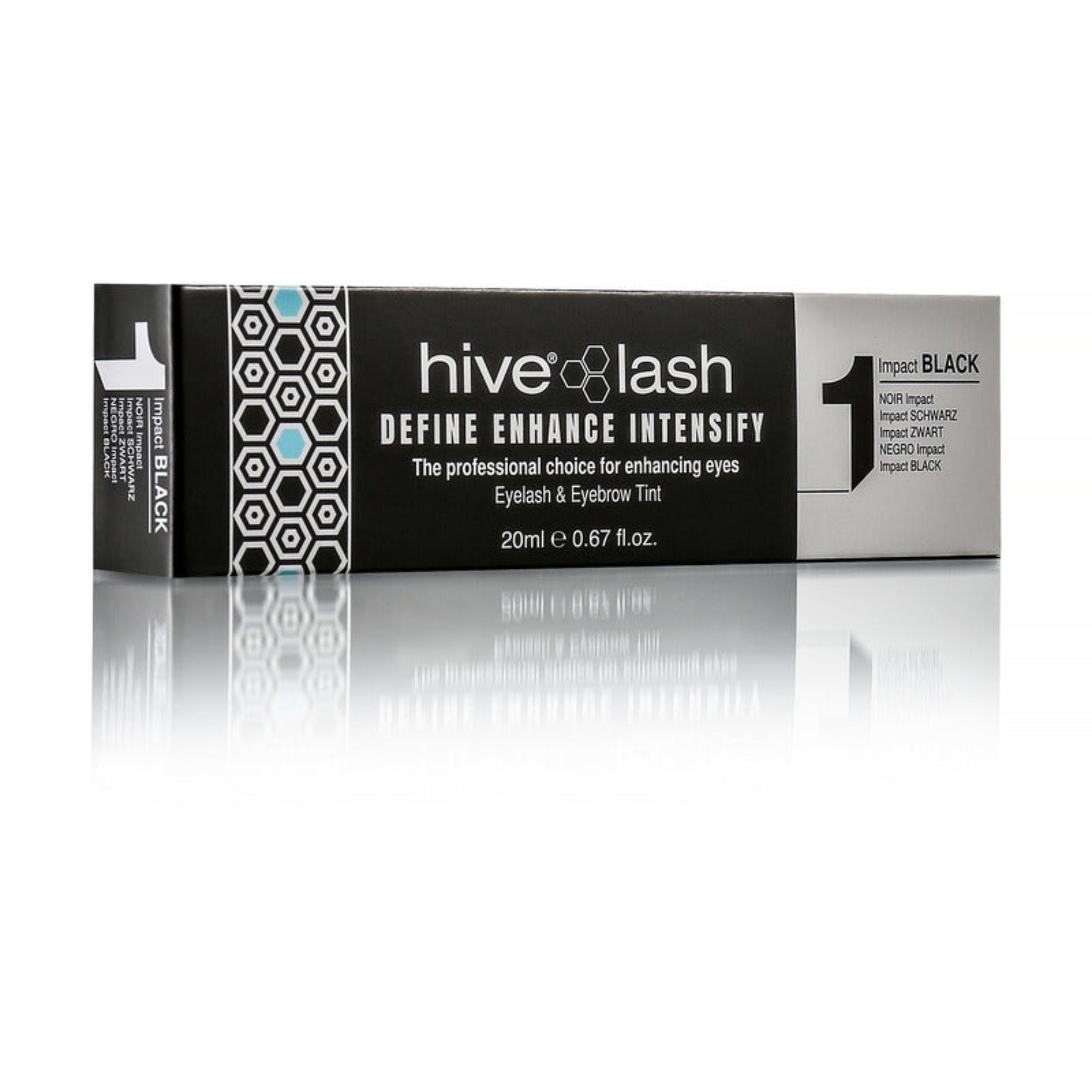 Hive Lash Define Enhance Intensify Eyelash and Eyebrow Tint 20ml Impact Black shade 1 product shot showing black hexagon-patterned retail box with Impact Black label and Hive Lash branding from diagonal angle on white reflective surface