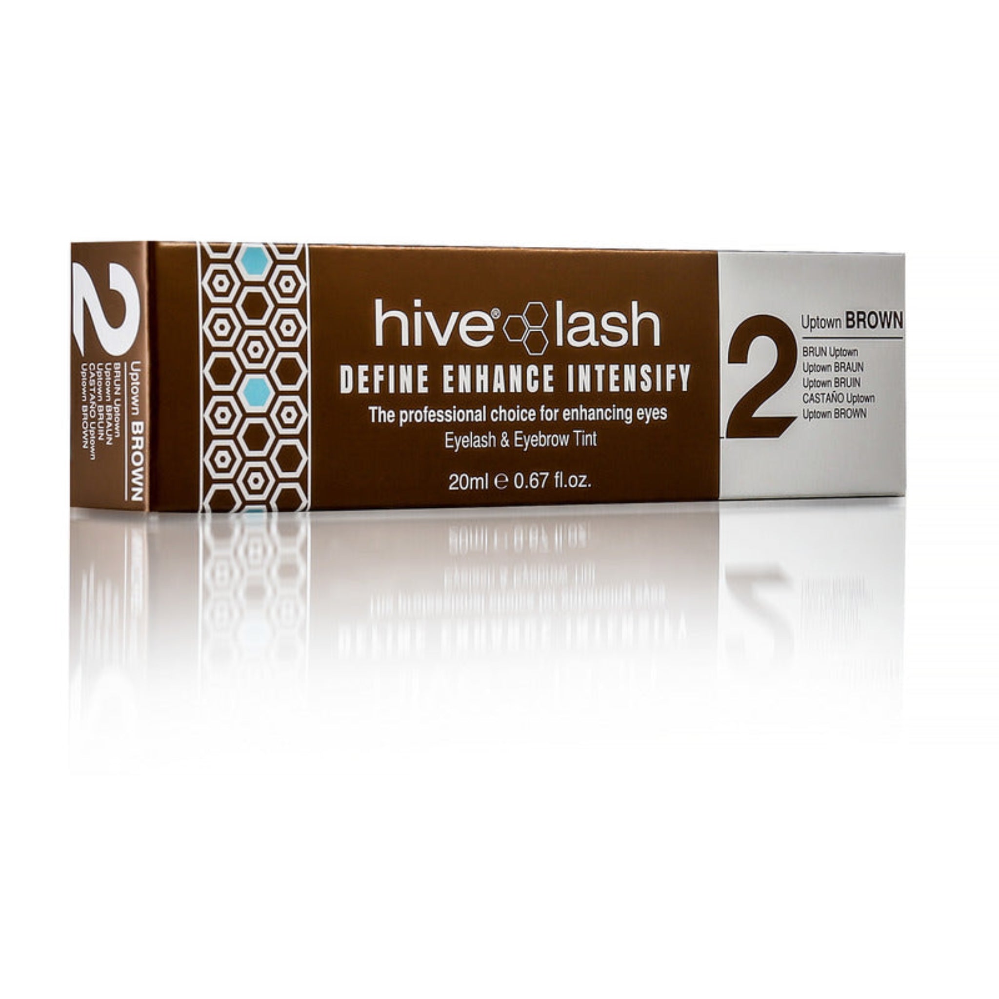 Hive Lash Define Enhance Intensify Eyelash and Eyebrow Tint 20ml Uptown Brown shade 2 product shot showing brown hexagon-patterned retail box with Uptown Brown label and Hive Lash branding from diagonal angle on white reflective surface