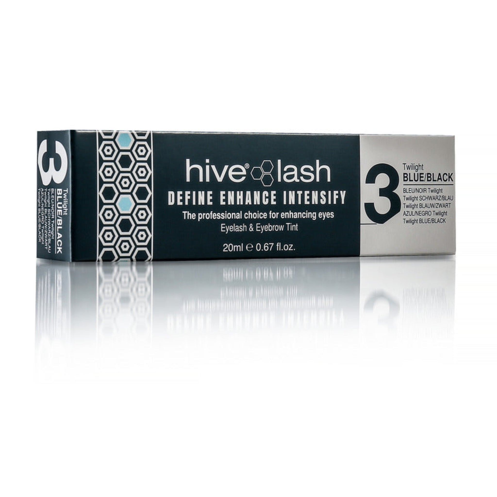 Hive Lash Define Enhance Intensify Eyelash and Eyebrow Tint 20ml Twilight Blue Black shade 3 product shot showing dark teal hexagon-patterned retail box with Twilight Blue Black label and Hive Lash branding from diagonal angle on white reflective surface