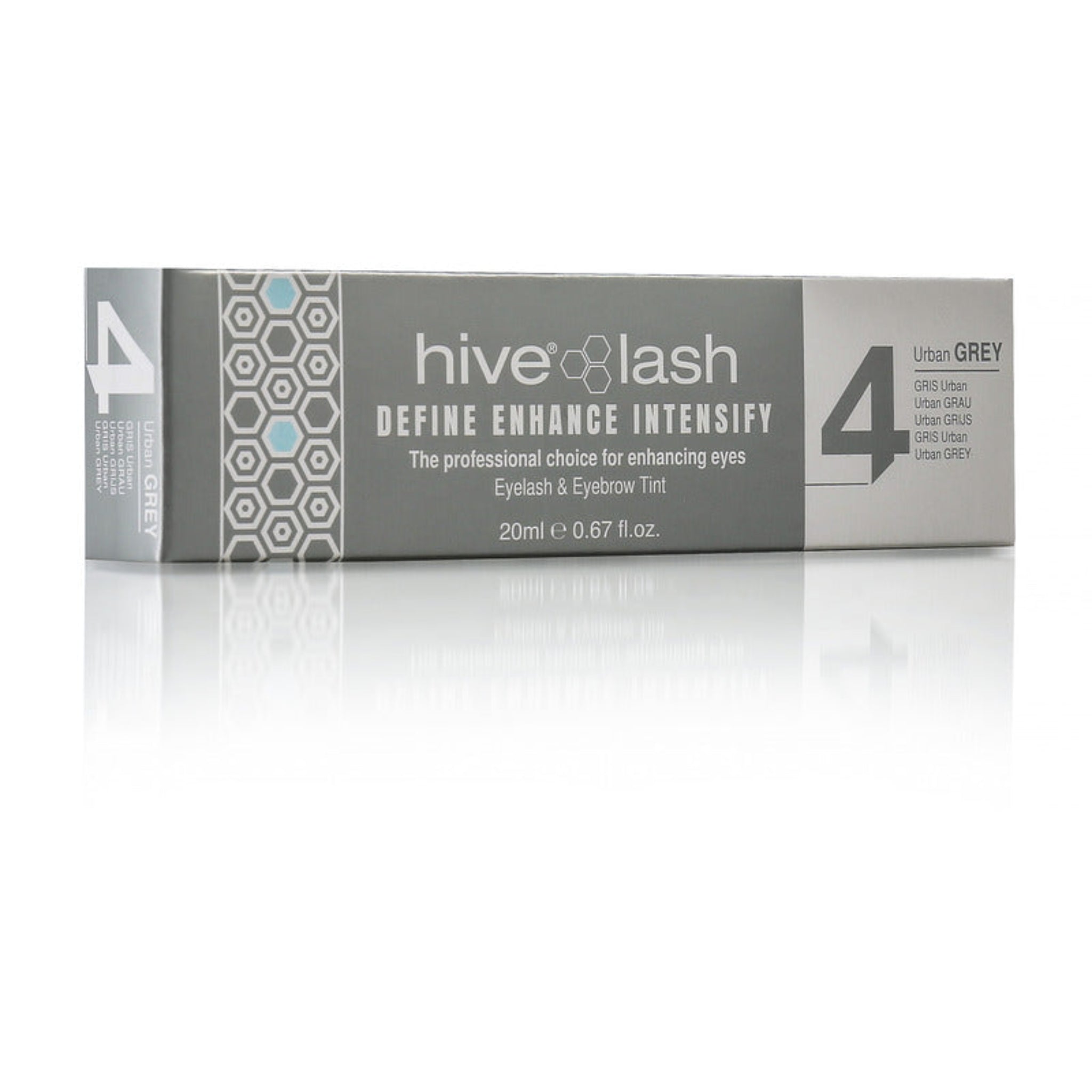 Hive Lash Define Enhance Intensify Eyelash and Eyebrow Tint 20ml Urban Grey shade 4 product shot showing grey hexagon-patterned retail box with Urban Grey label and Hive Lash branding from diagonal angle on white reflective surface
