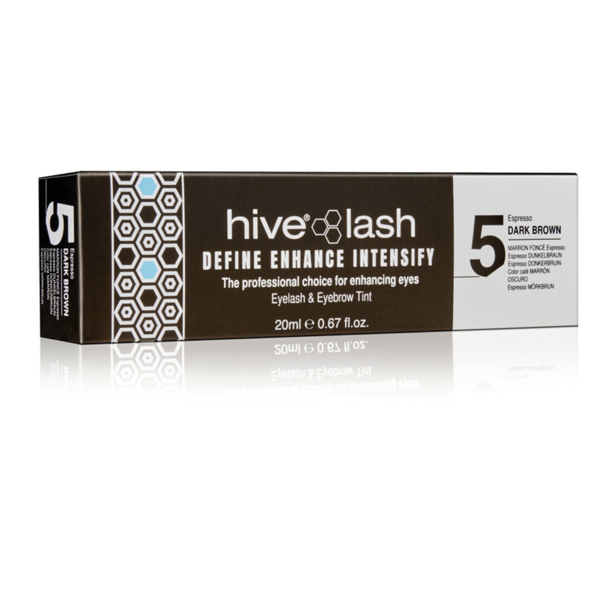 Hive Lash Define Enhance Intensify Eyelash and Eyebrow Tint 20ml Espresso Dark Brown shade 5 product shot showing dark brown hexagon-patterned retail box with Espresso Dark Brown label and Hive Lash branding from diagonal angle on white reflective surface