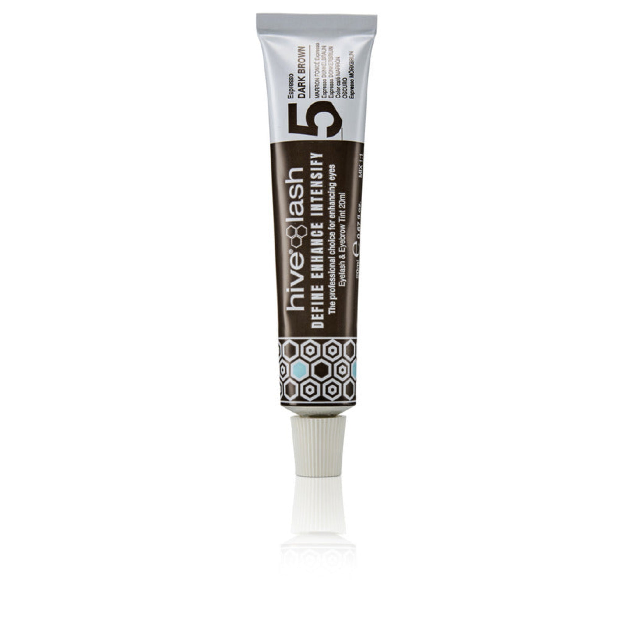 Hive Lash Define Enhance Intensify Eyelash and Eyebrow Tint 20ml Espresso Dark Brown shade 5 product shot showing dark brown hexagon-patterned squeeze tube with white cap and Espresso Dark Brown label from front angle on white background