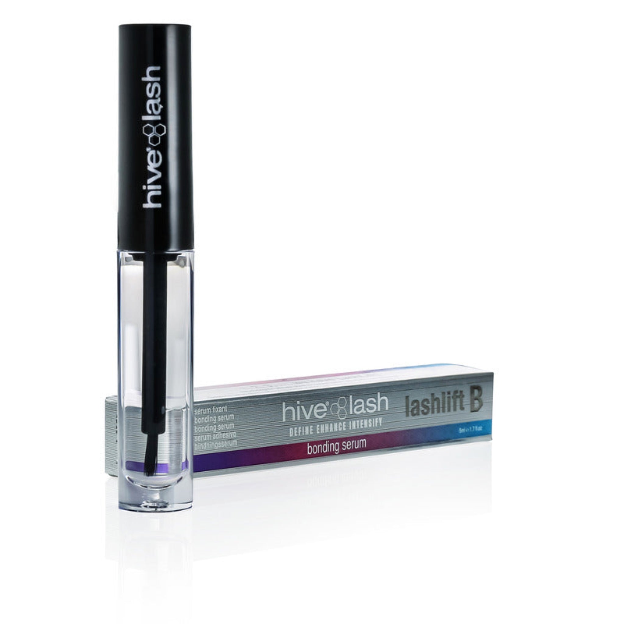 Hive of Beauty Lashlift B Bonding Serum 5ml product shot showing clear mascara-style wand tube with black Hive Lash cap open and leaning against its holographic silver Define Enhance Intensify retail box from diagonal angle on white background