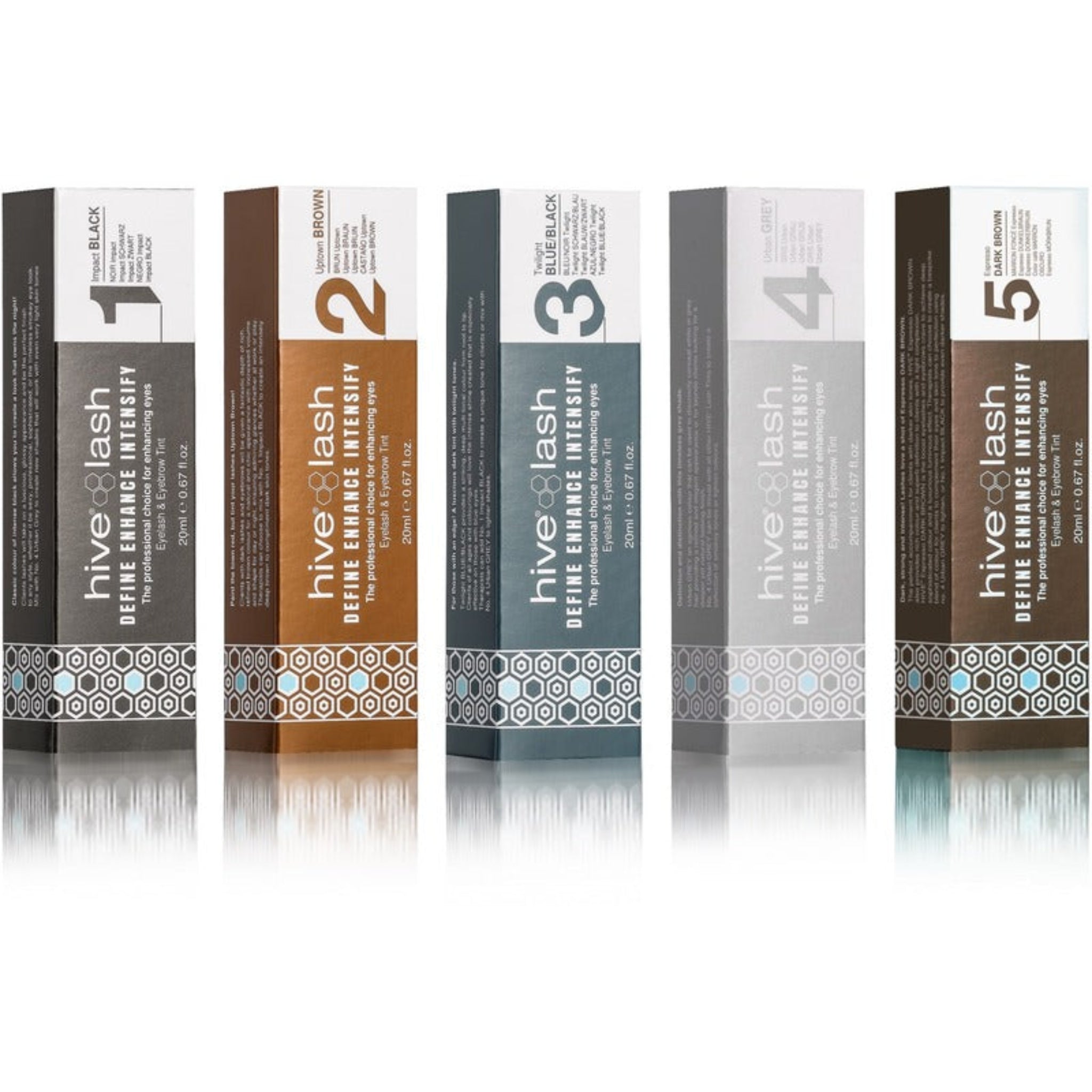 Hive Lash Define Enhance Intensify Eyelash and Eyebrow Tint 20ml full shade range product shot showing all five Hive Lash tint boxes in Impact Black Uptown Brown Twilight Blue Black Urban Grey and Espresso Dark Brown from diagonal angle on white reflective surface
