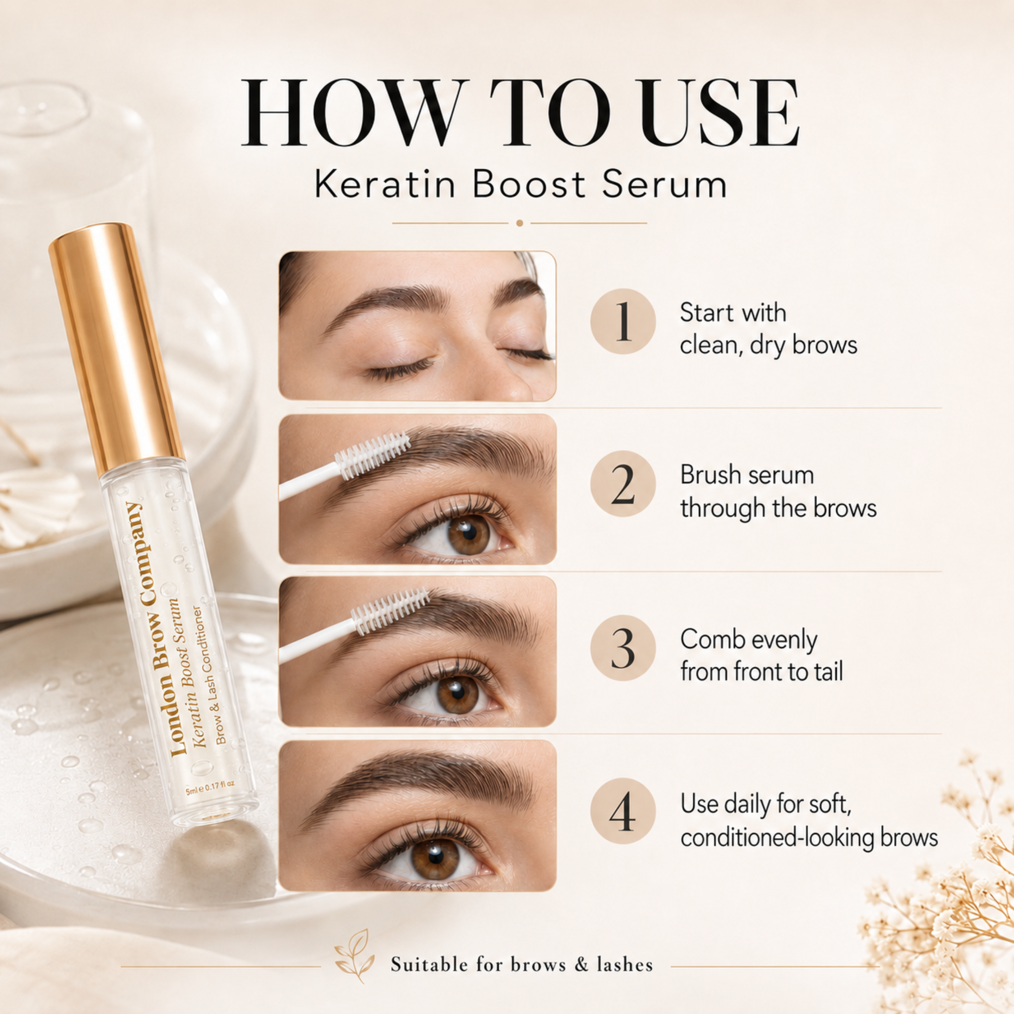 The London Brow Company Keratin Brow & Lash Boost Serum lifestyle infographic showing for brows and lashes with close-up of blue eyes groomed lashes and defined brows alongside product and green leaves