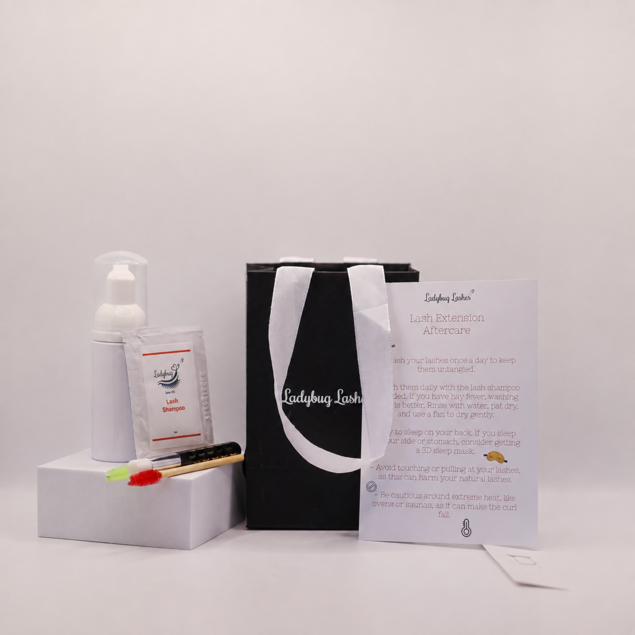 Ladybug Lashes Lash Shampoo Sachet Kit contents laid out on a glass surface in front of a black Ladybug Lashes gift bag with white satin handles, including a white foam pump bottle, a Ladybug Lashes lash shampoo sachet, a bamboo spoolie brush, a bamboo cleansing brush with macramé loop, a mini spray bottle, and a printed Lash Extension Aftercare instruction card