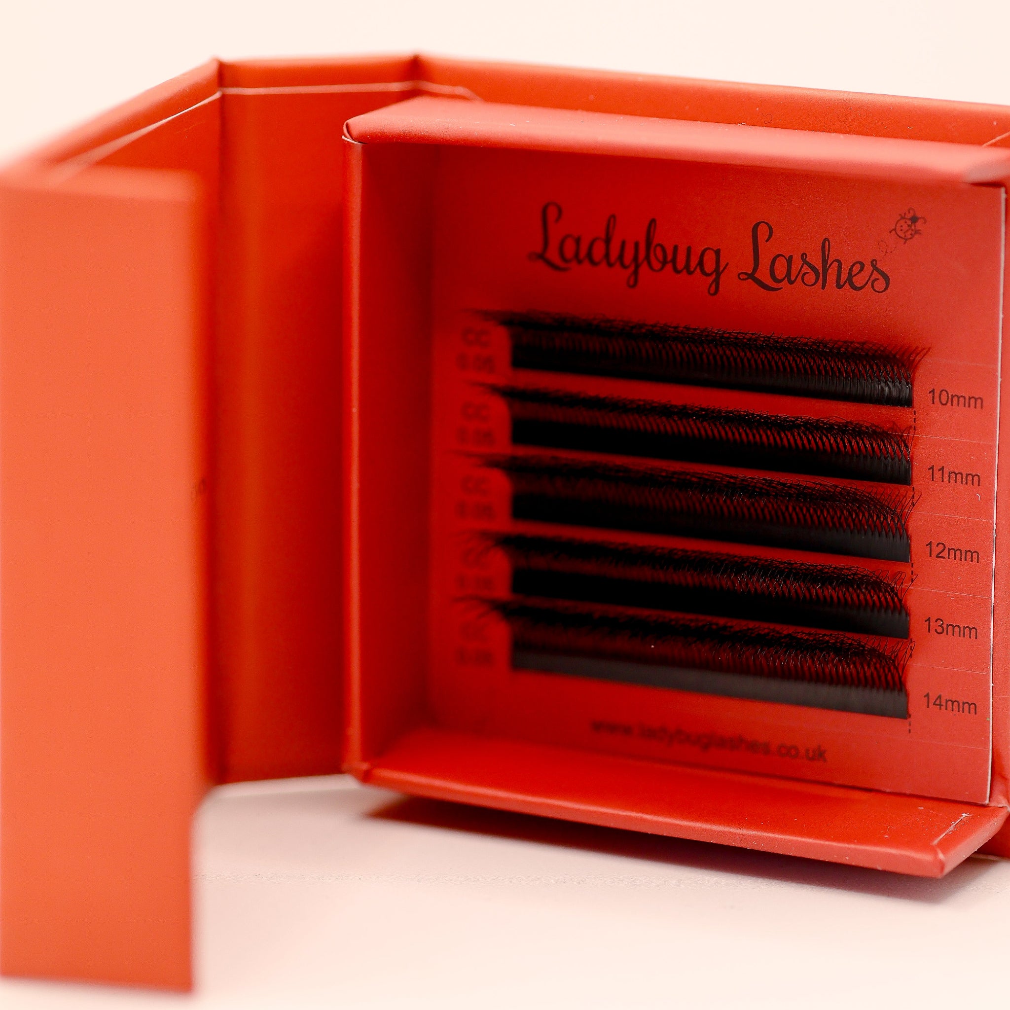 Ladybug Lashes Sample Tray 8D Clover open showing five rows of black CC curl fans in mixed lengths 10–14mm in red branded box from angled front view