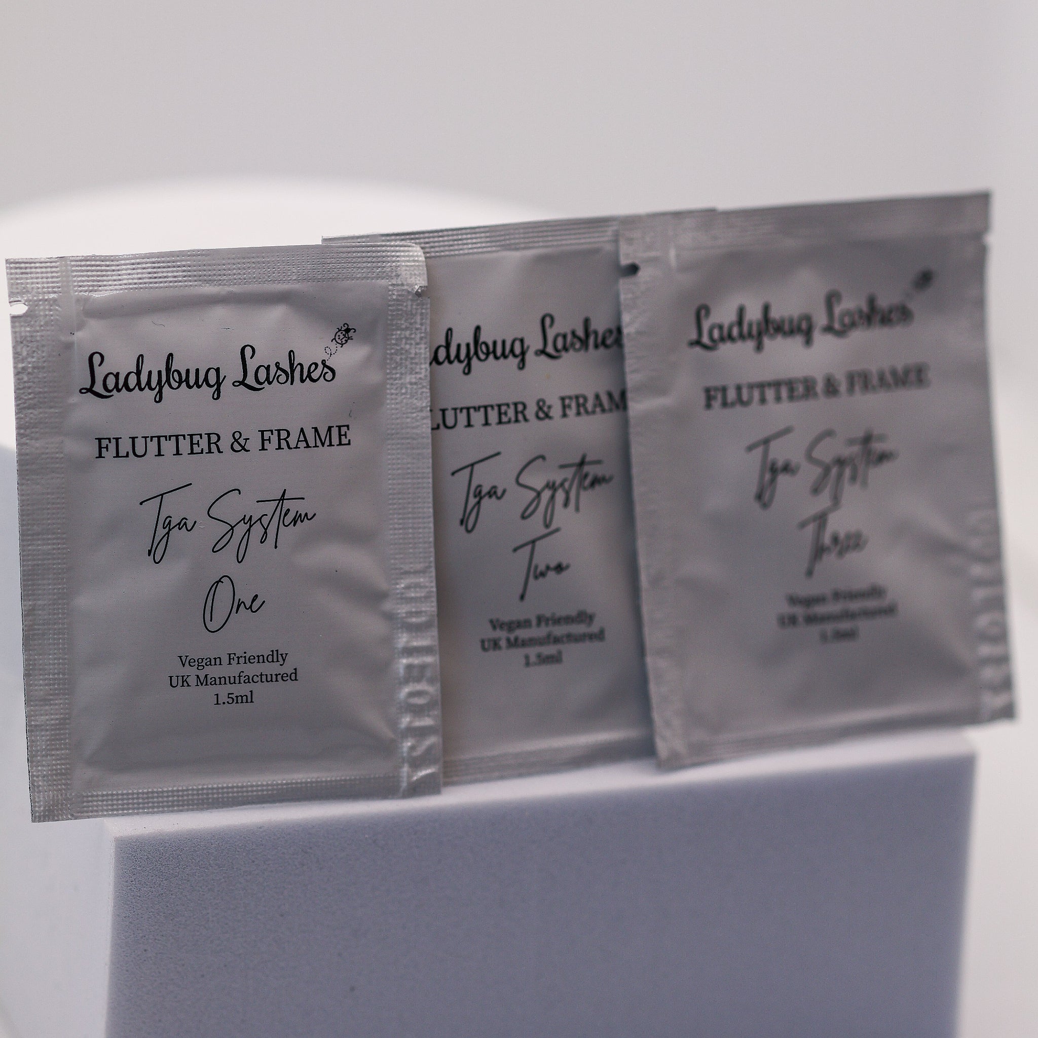 LADYBUGLASHES Flutter & Frame TGA Lash Lift & Brow Lamination Sachet System – steps 1, 2 and 3