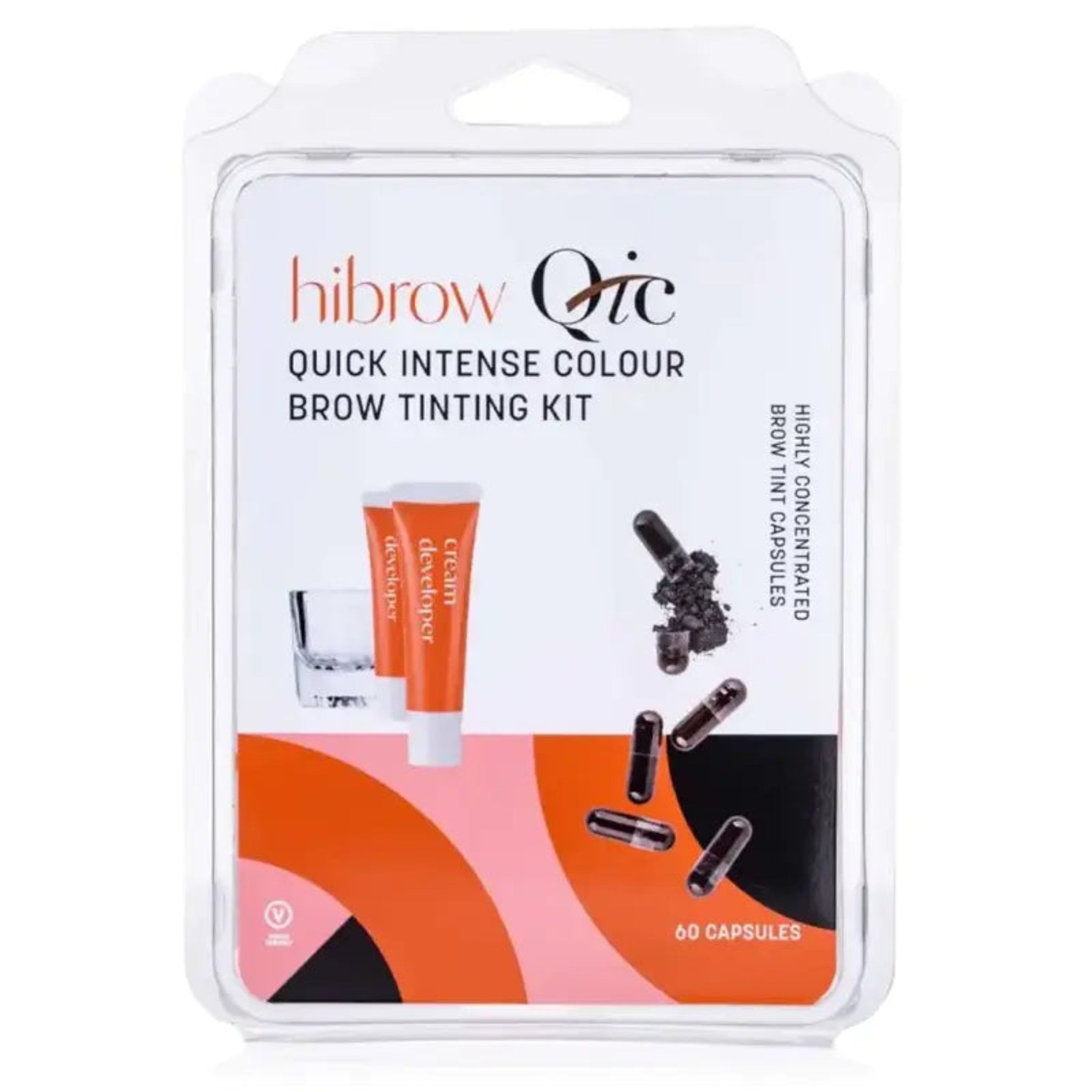 Hi Brow QIC Quick Intense Colour Brow Tinting Kit retail packaging shot showing clear blister pack containing two cream developer tubes a chrome mixing dish and 60 highly concentrated dark brown brow tint capsules with orange and pink branded card insert from front angle on white background