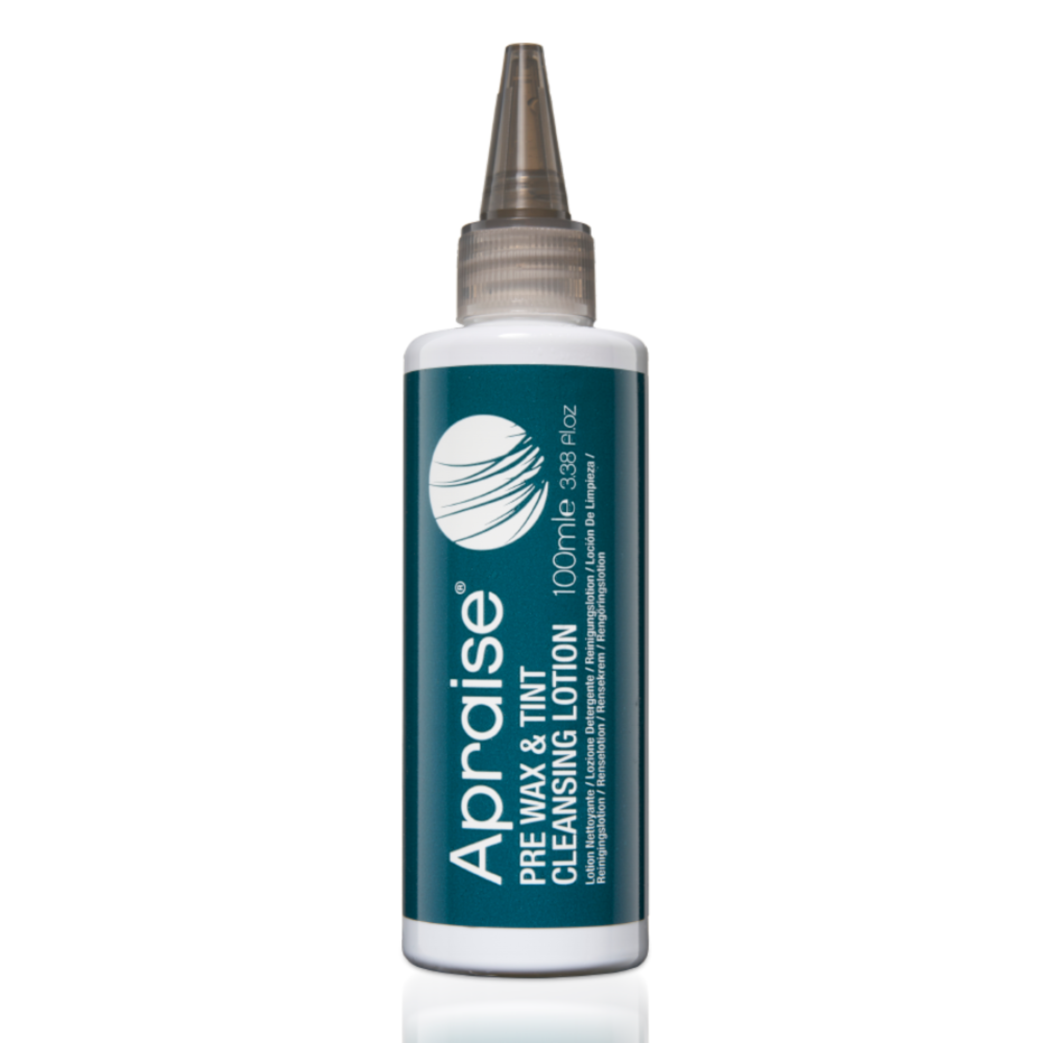 Apraise Pre Wax and Tint Cleansing Lotion 100ml 3.38 fl oz product shot showing white squeeze bottle with pointed grey nozzle cap and teal label featuring Apraise logo and Pre Wax and Tint Cleansing Lotion text in white with multilingual descriptions from front angle on white background