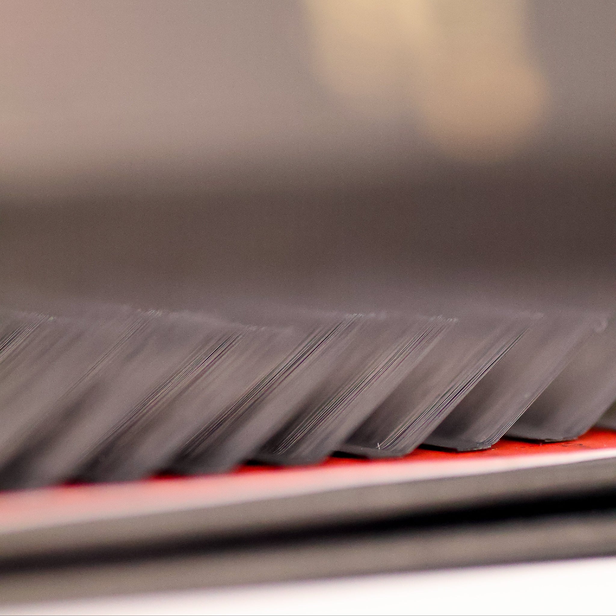 Extreme macro angled close-up of L curl lash extensions on red Ladybug Lashes tray showing individual lash separation and flat L curl base detail