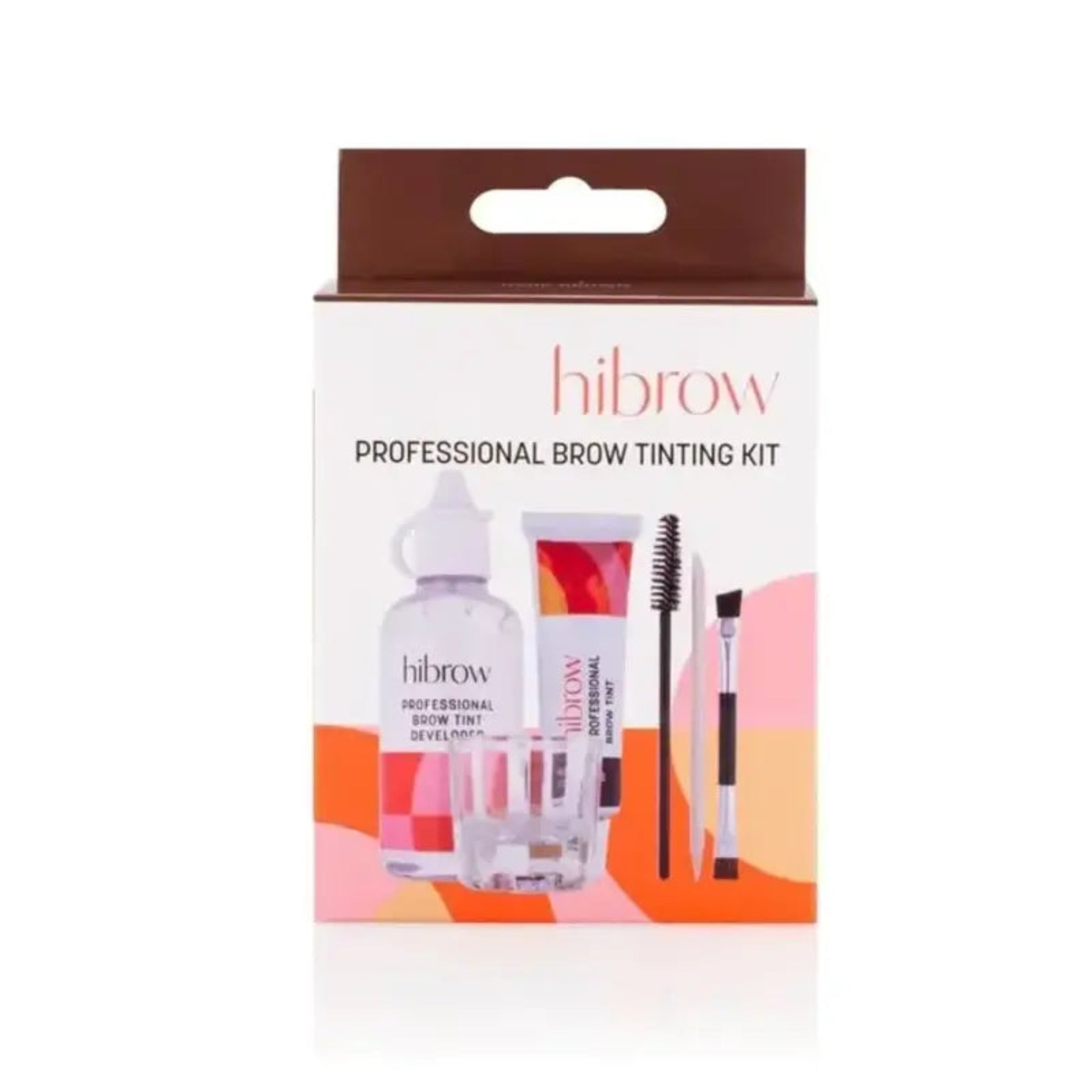 Hi Brow Professional Brow Tinting Kit Mid Brown shade product shot showing brown-topped retail box containing Hi Brow Professional Brow Tint Developer squeeze bottle Hi Brow Professional Brow Tint tube dual-ended spoolie and angled brow brush from front angle on white background