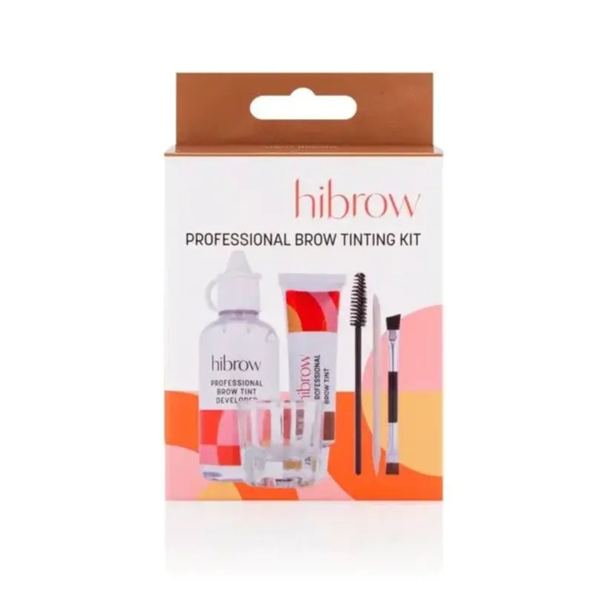 Hi Brow Professional Brow Tinting Kit product shot showing tan-topped retail box containing Hi Brow Professional Brow Tint Developer squeeze bottle Hi Brow Professional Brow Tint tube dual-ended spoolie and angled brow brush and mixing tray from front angle on white background