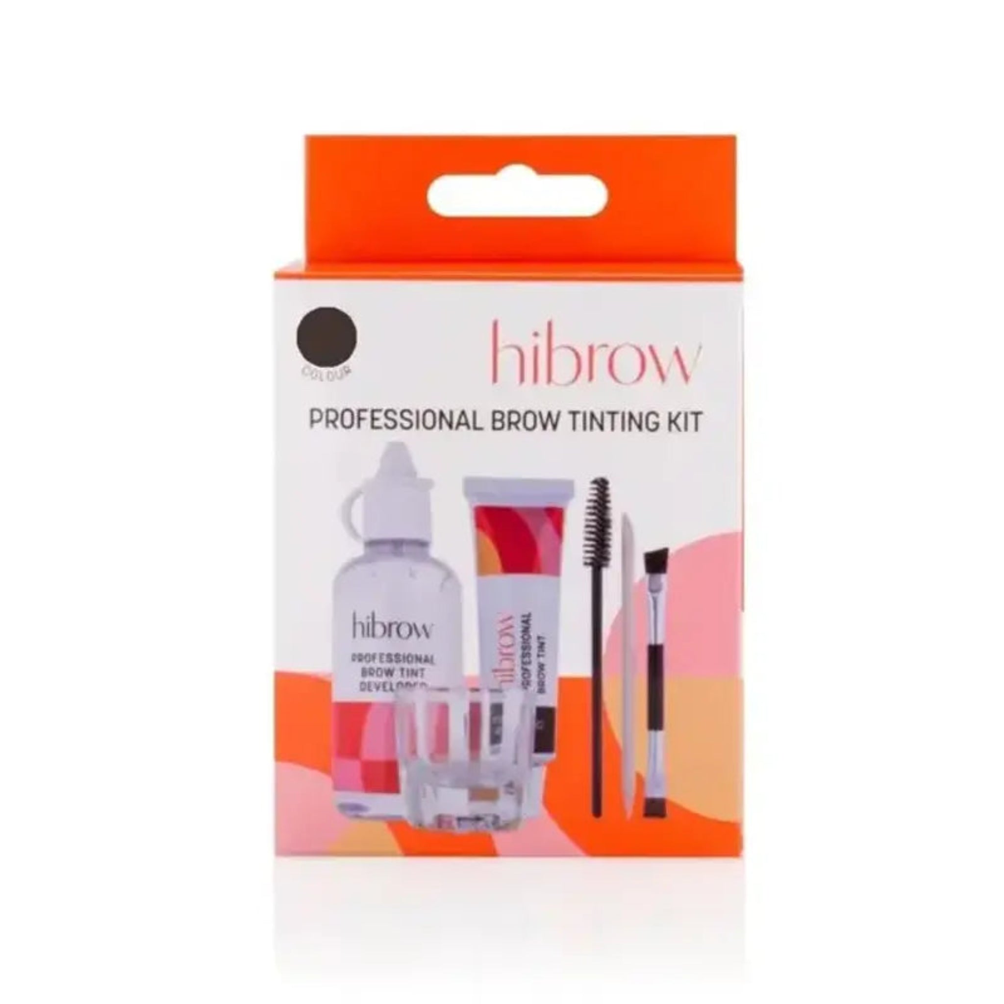 Hi Brow Professional Brow Tinting Kit Dark Brown shade product shot showing orange-topped retail box with black shade swatch dot containing Hi Brow Professional Brow Tint Developer squeeze bottle Hi Brow Professional Brow Tint tube dual-ended spoolie and angled brow brush and mixing tray from front angle on white background