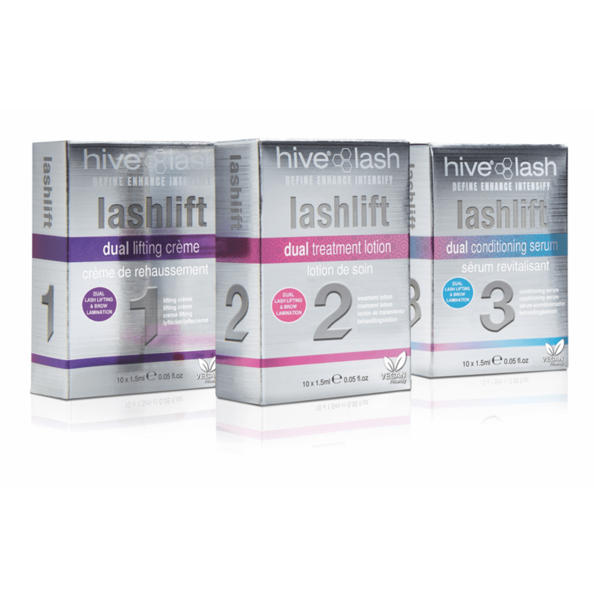 Hive of Beauty Lashlift full three-step system product shot showing all three silver retail boxes — Step 1 Dual Lifting Crème with purple band, Step 2 Dual Treatment Lotion with pink band, and Step 3 Dual Conditioning Serum with blue band — arranged in a staggered row from diagonal angle on white background