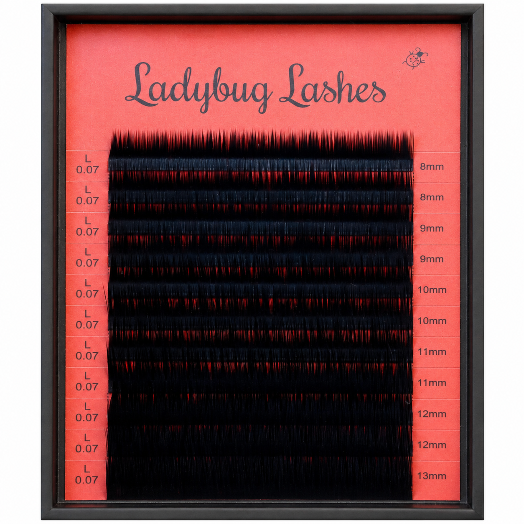 2. Ladybug Lashes Volume L Curl lash tray showing full red strip with L 0.07 curl lashes labelled from 8mm to 15mm in two rows per length