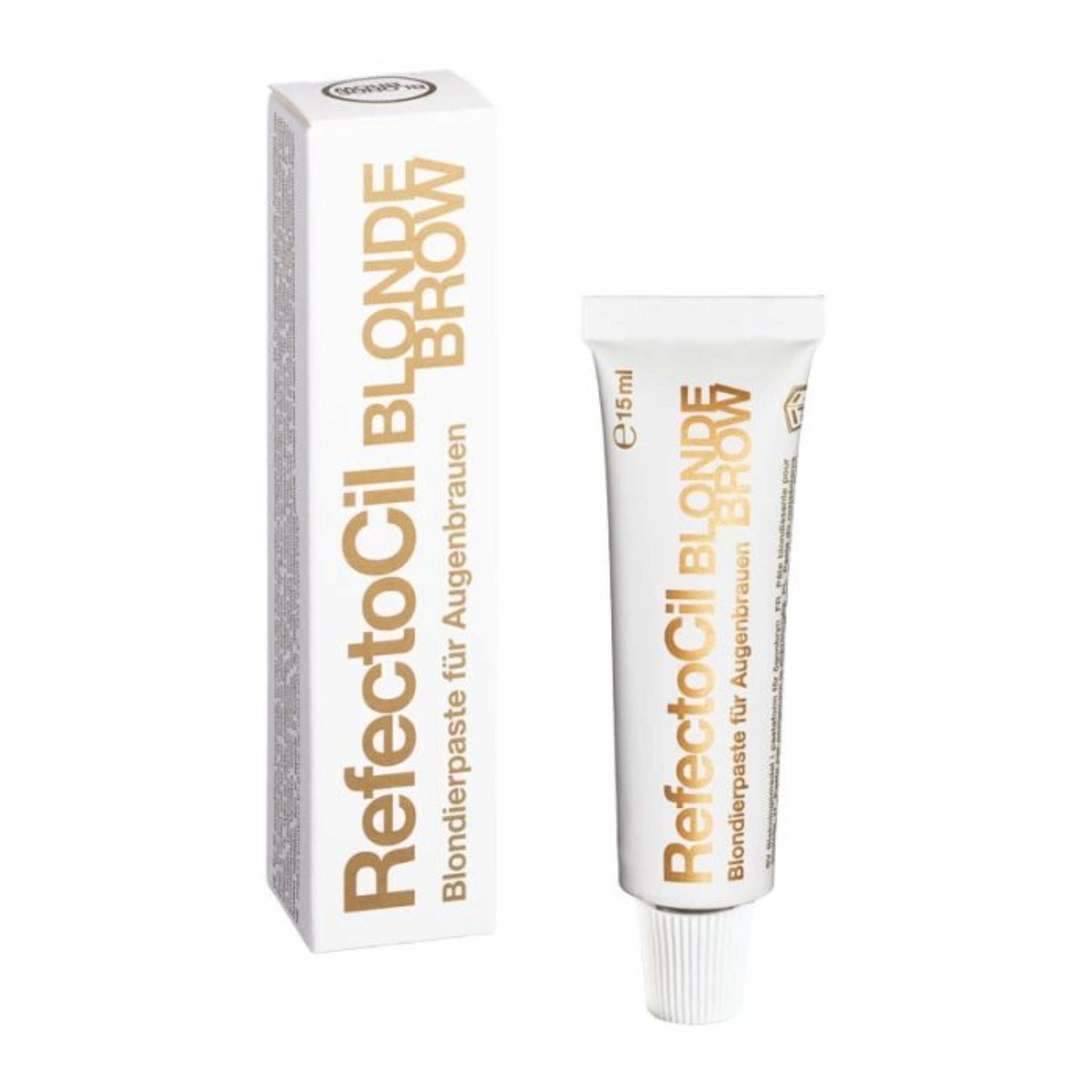 RefectoCil Blonde Brow Bleaching Paste 15ml product shot showing white tube with gold RefectoCil Blonde Brow Biondierpaste für Augenbrauen label alongside its white and gold retail box from front angle on white background