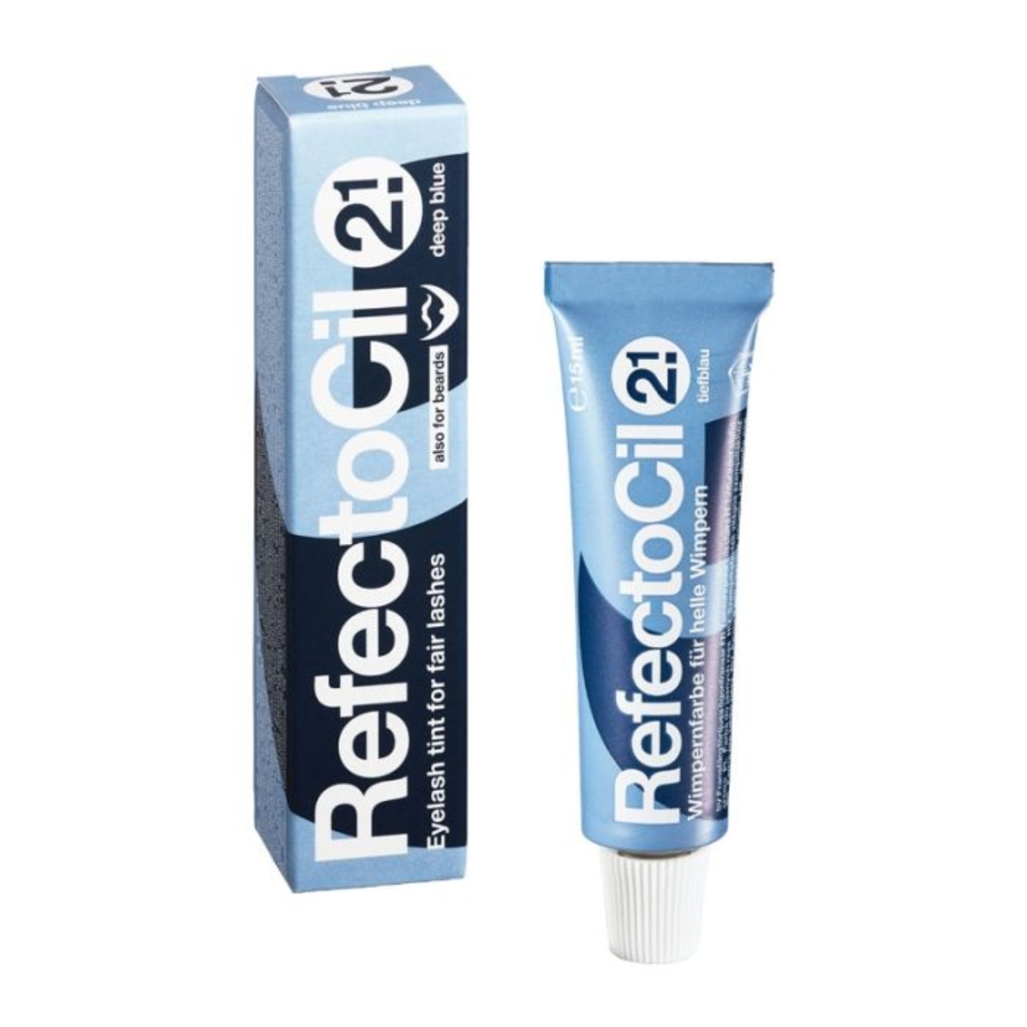RefectoCil Eyelash and Eyebrow Tint 15ml shade 2.1 Deep Blue product shot showing deep blue metallic squeeze tube with white cap and deep blue RefectoCil branded retail box from front angle on white background