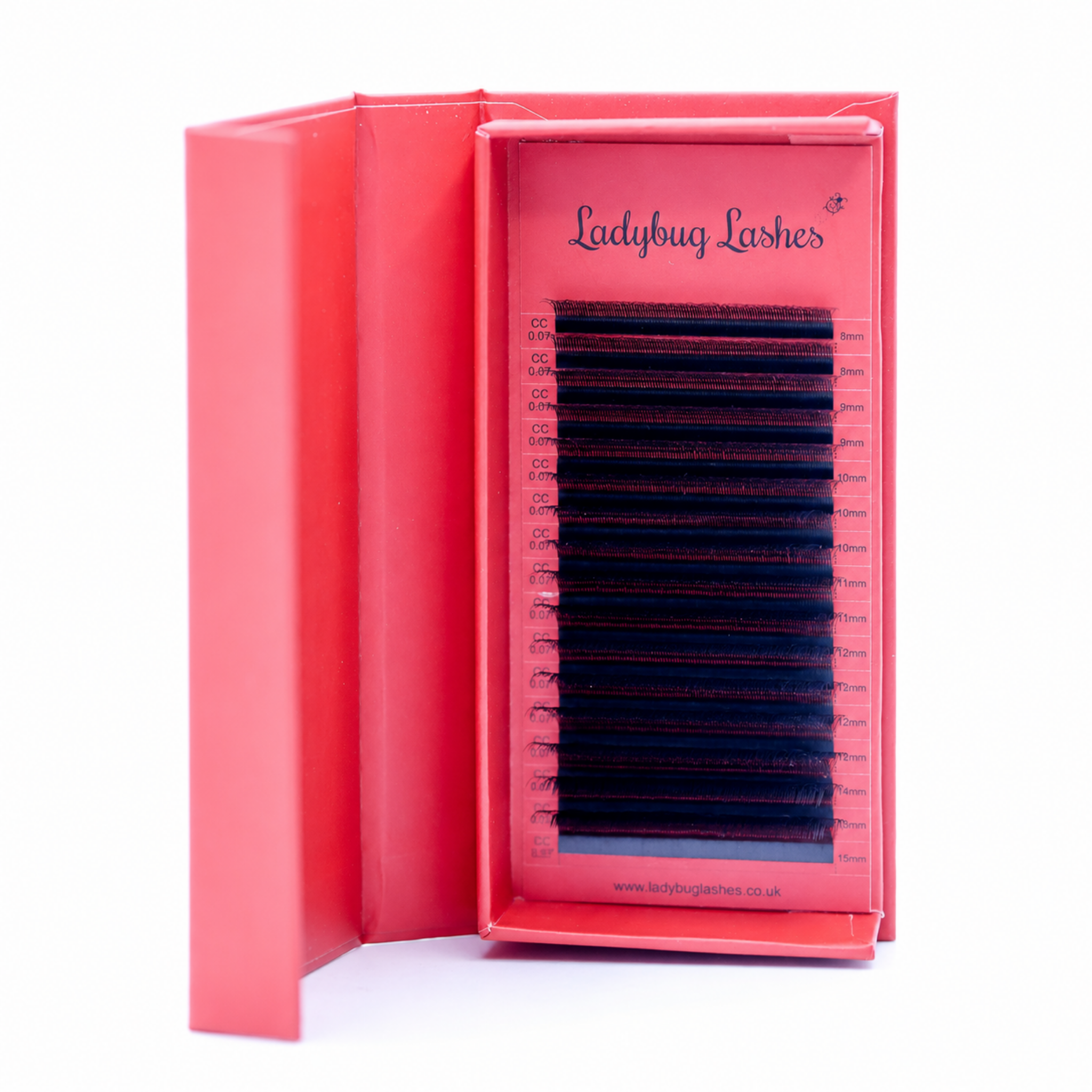 Ladybug Lashes Fairy Lashes Single Length 16 Row Tray showing full tray of single-length fairy lash extensions from above