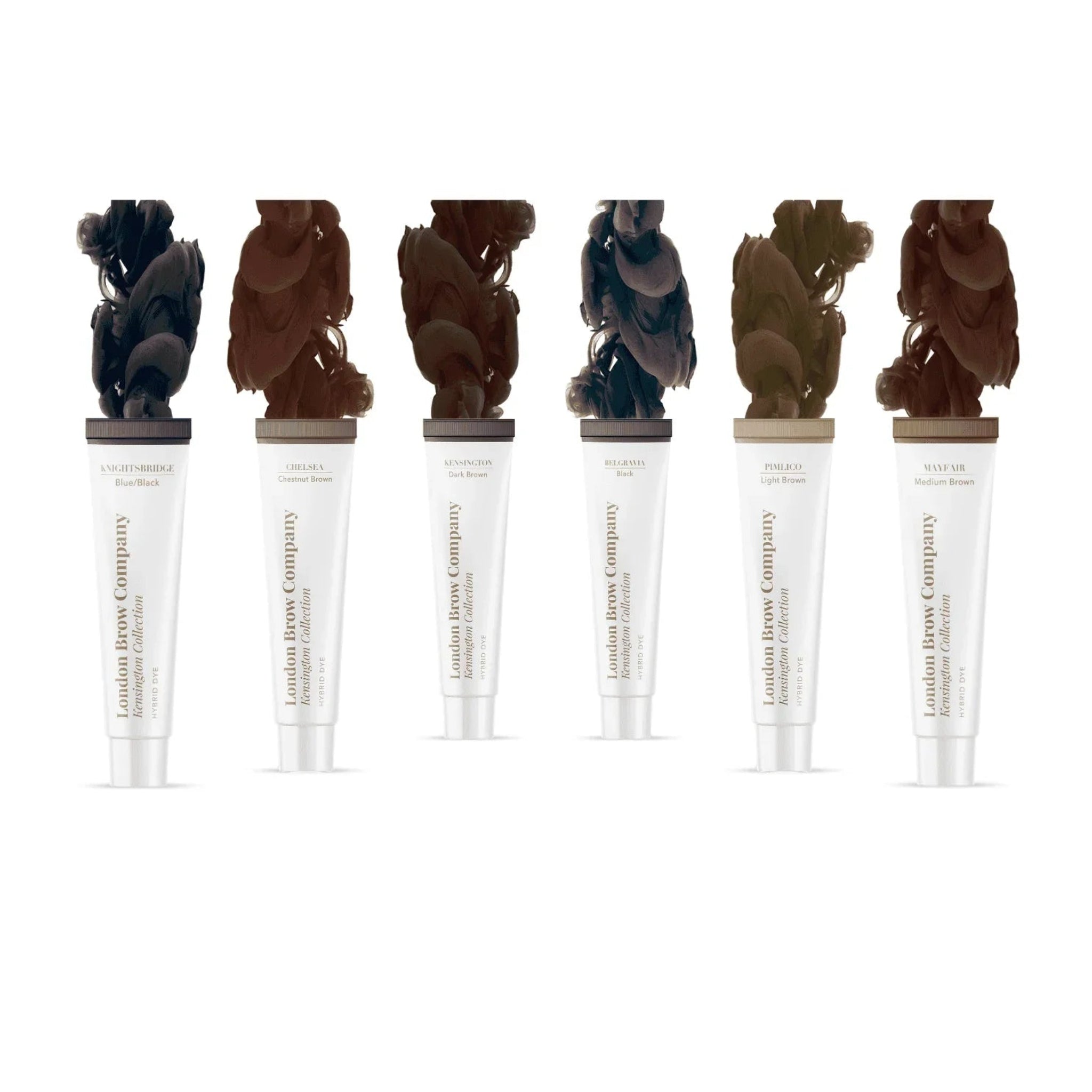 London Brow Company Kensington Collection Hybrid Dye six shades colour swatch shot showing tubes standing upright with ink-drop colour swirls above each — Knightsbridge Blue Black, Chelsea Chestnut Brown, Kensington Dark Brown, Belgravia Black, Pimlico Light Brown, Mayfair Medium Brown — on white background