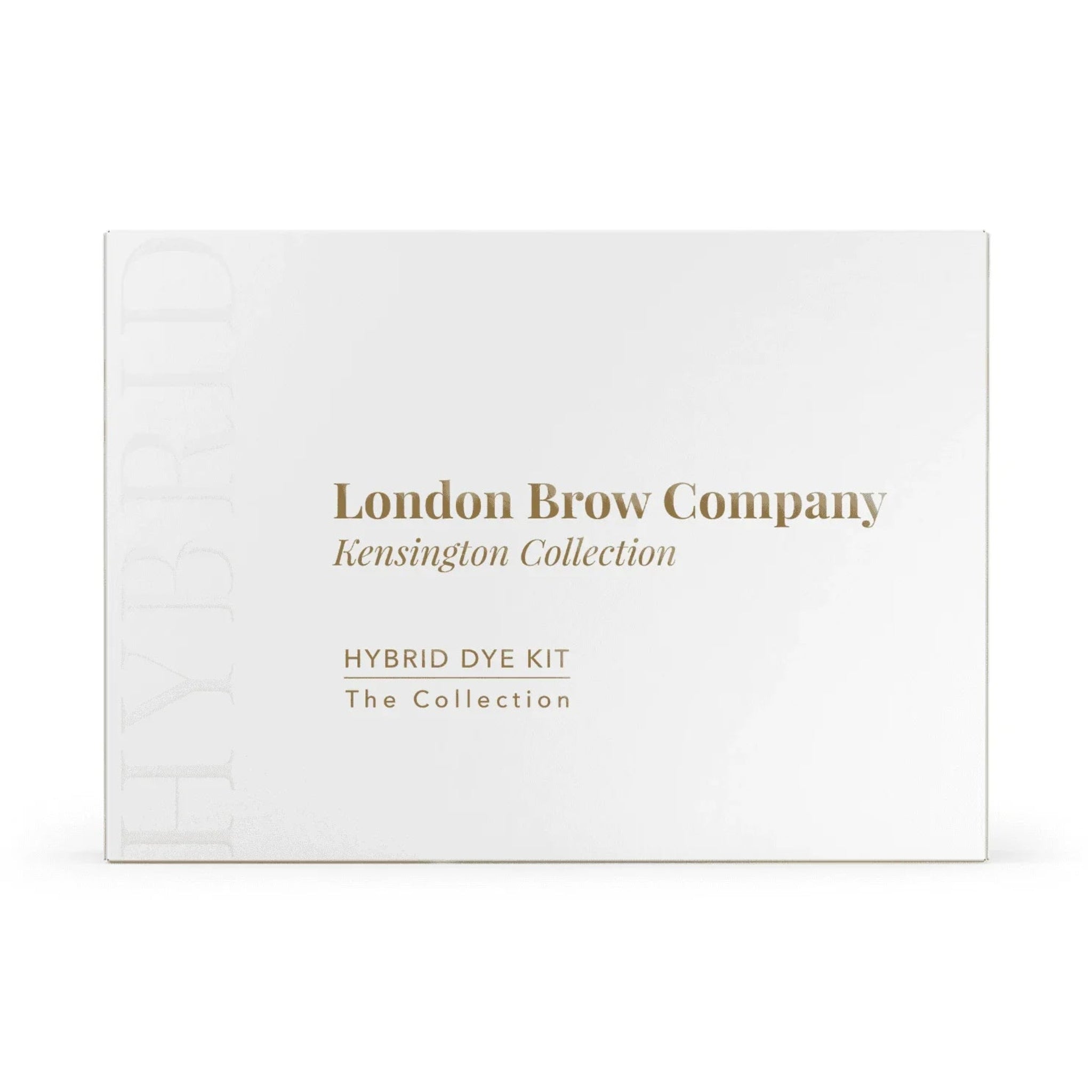 London Brow Company Kensington Collection Hybrid Dye Kit packaging close-up showing white luxury gift box with gold foil London Brow Company branding and Hybrid Dye Kit The Collection text from front angle on white background