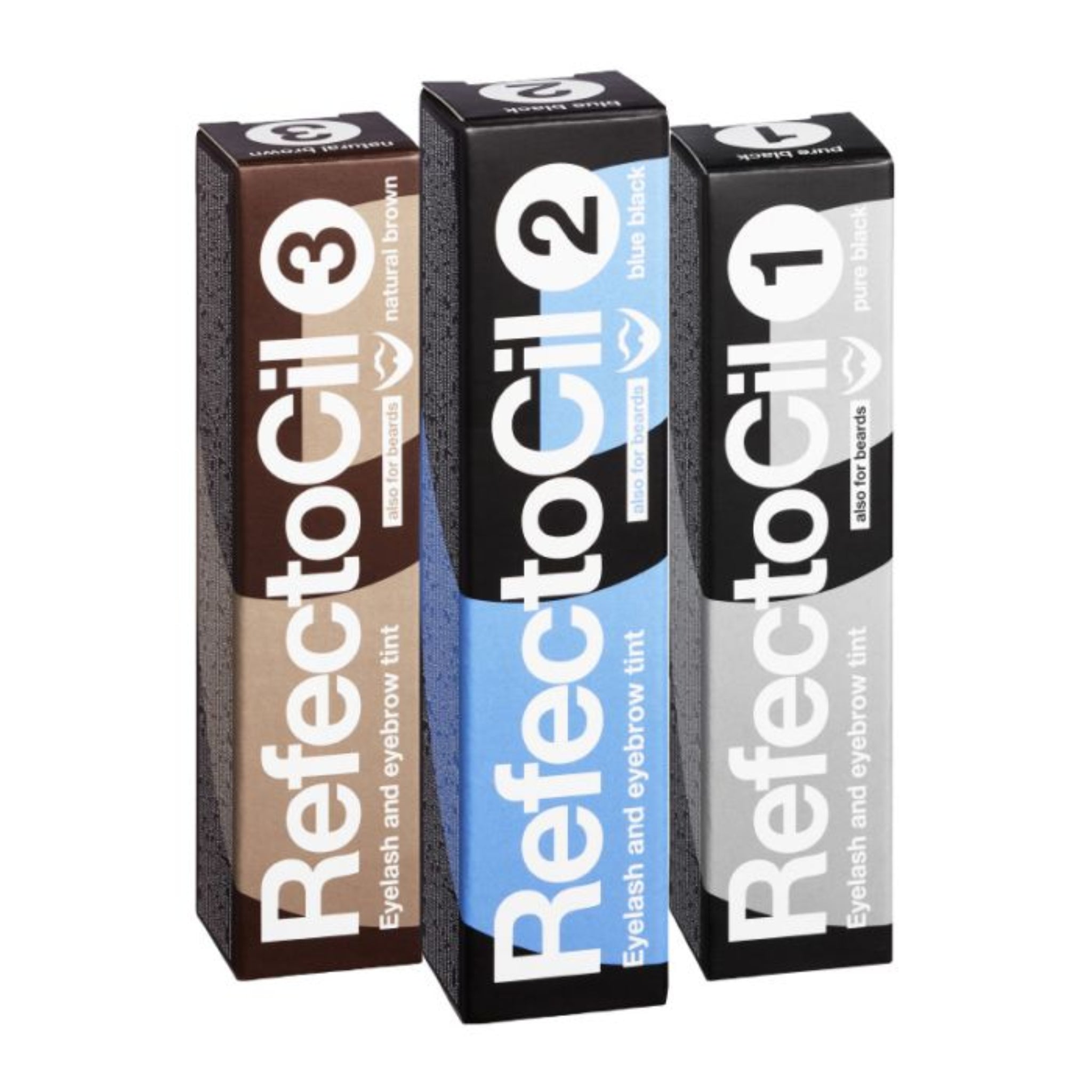 RefectoCil Eyelash and Eyebrow Tint 15ml full shade range product shot showing all available tint tubes and retail boxes in Black Graphite Blue Black Deep Blue Natural Brown Light Brown Chestnut and Red shades from diagonal angle on white background