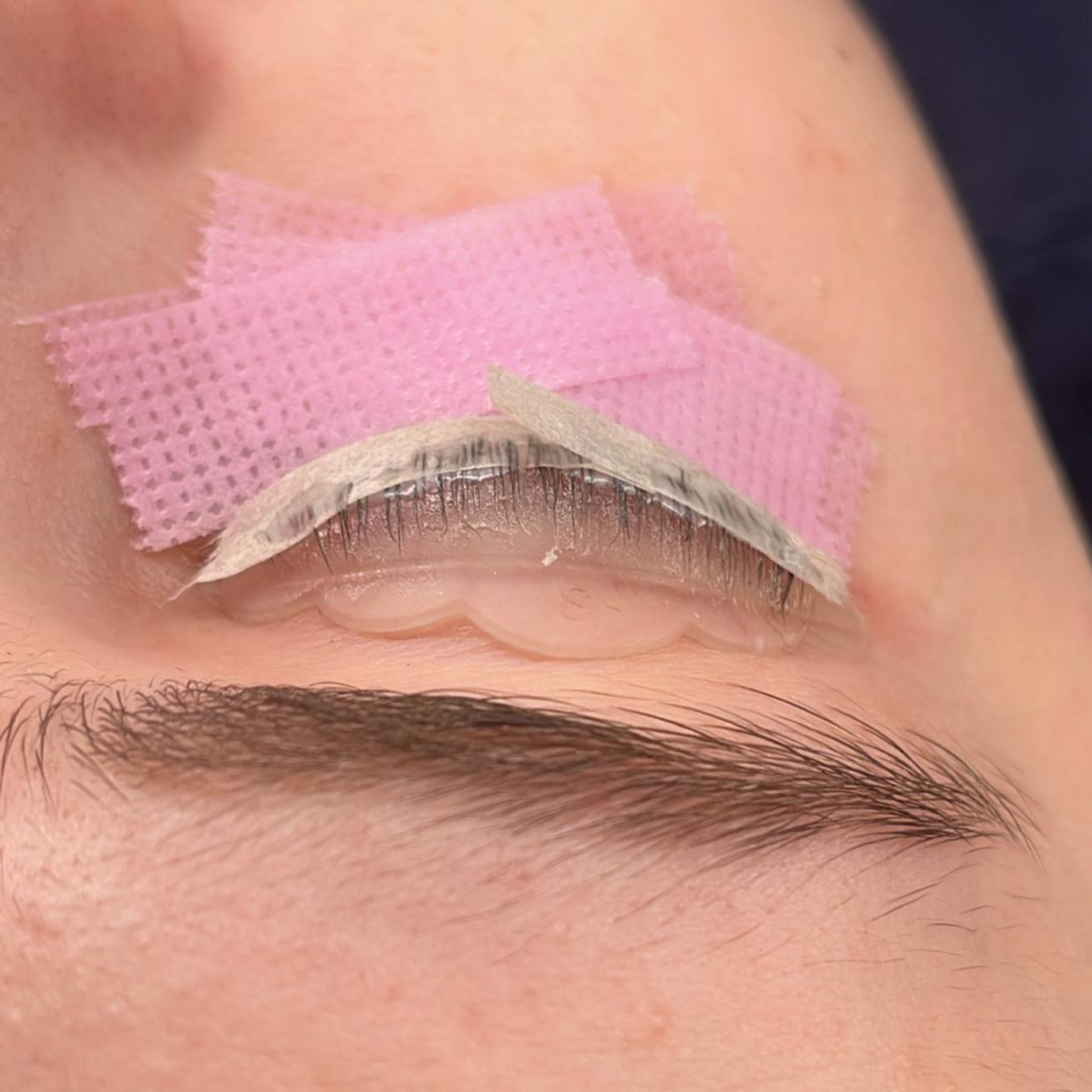 Paper compensators in use during lash lift treatment – close-up on eye – LADYBUGLASHES