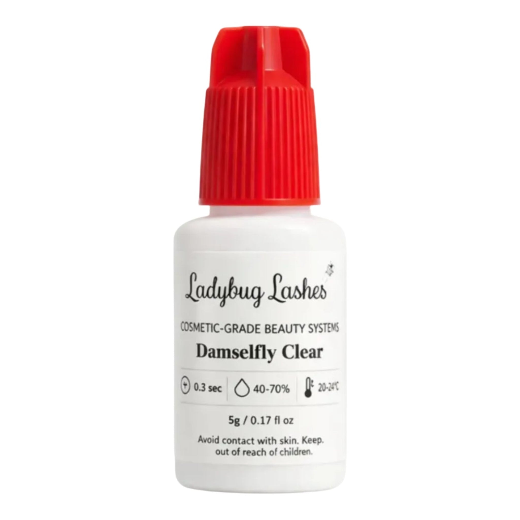 Ladybug Lashes Damselfly Clear lash adhesive 5g bottle with red cap showing product label with 0.3 sec bond time, 40–70% humidity range, 20–24°C temperature range and cosmetic-grade beauty systems branding on white background