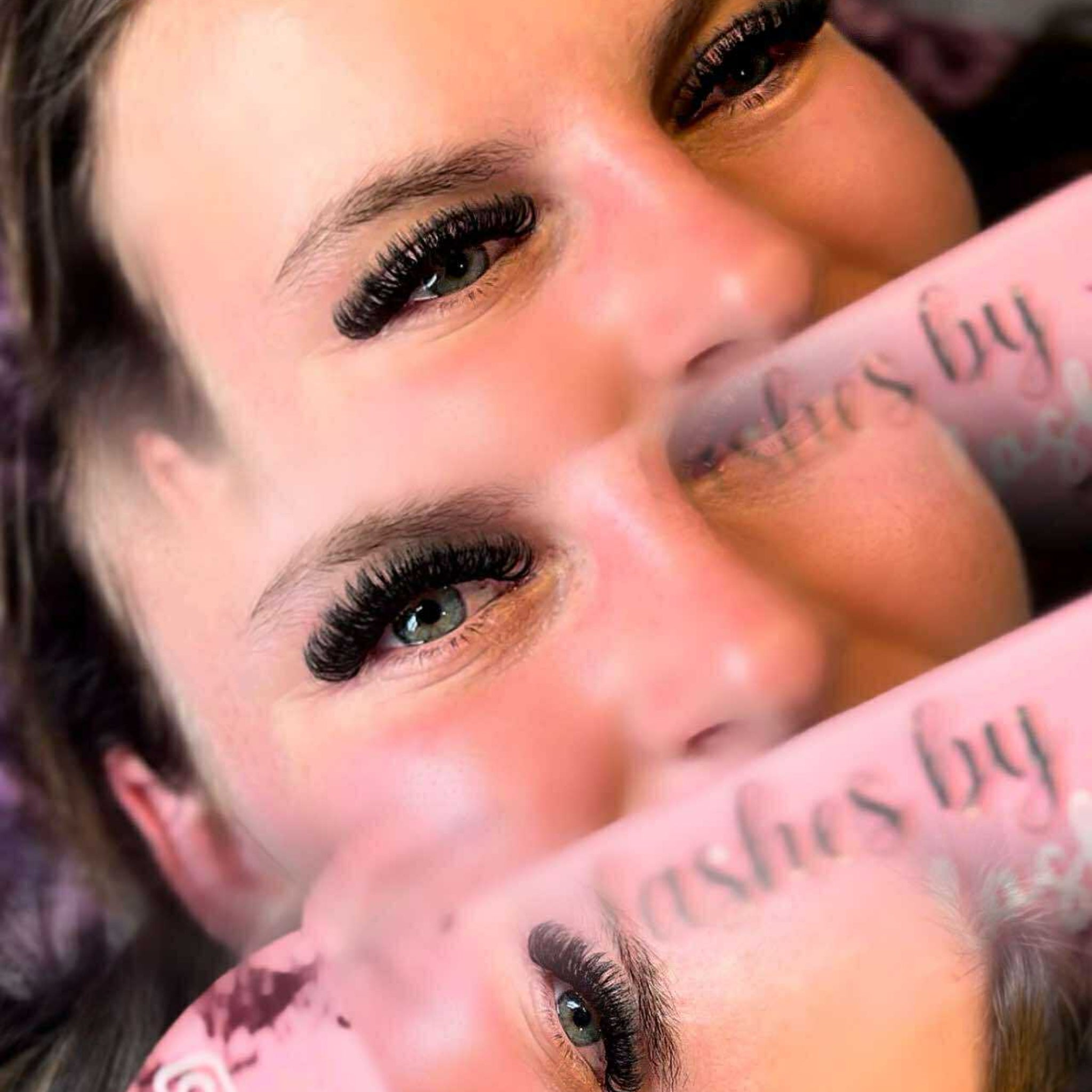 Before and after split image showing Ladybug Lashes 10D Clover lash set on blue-green eyes with dramatic volume and curl lift