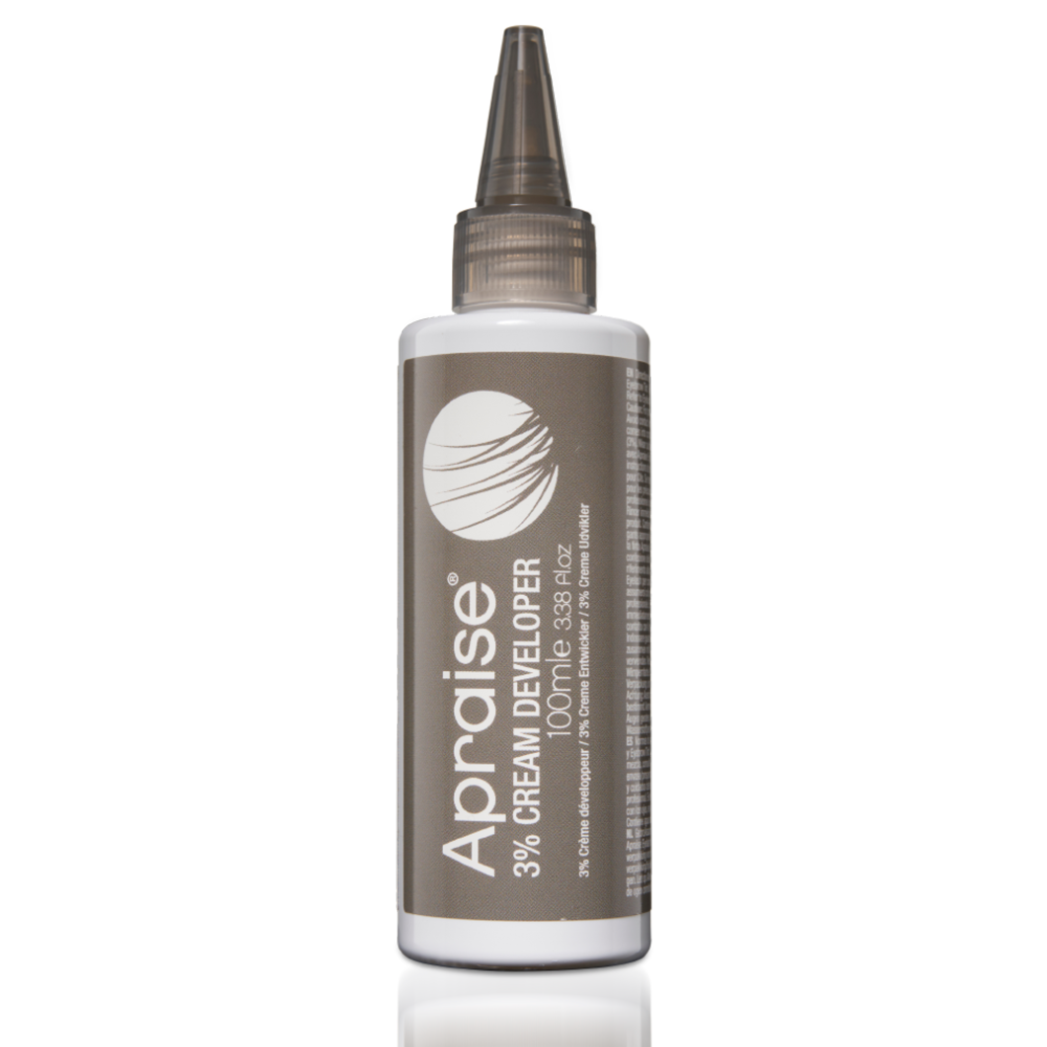 Apraise 3% Cream Developer 100ml full-length product shot showing white squeeze bottle with pointed dark grey applicator tip and taupe branded label from front angle on white background