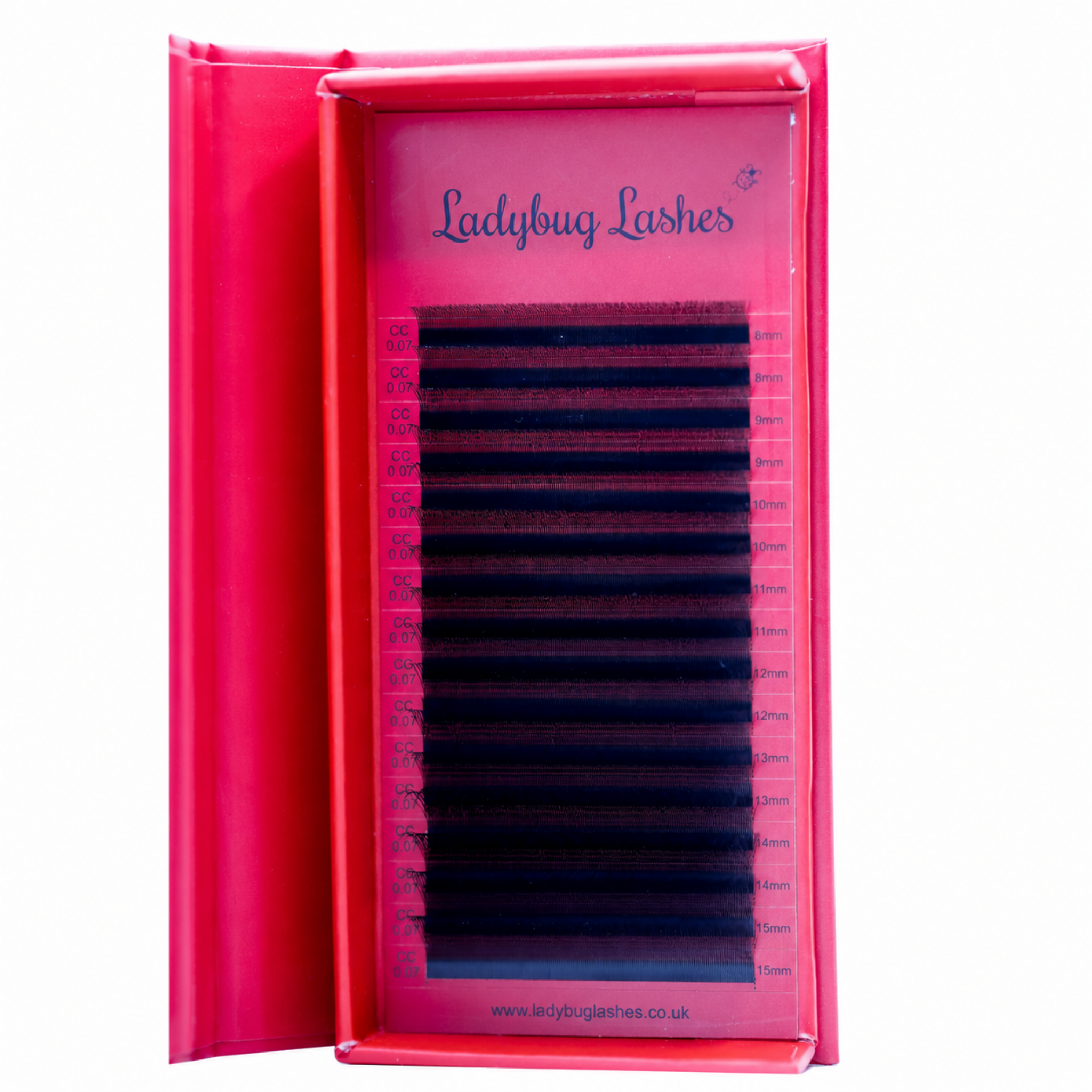 Ladybug Lashes U-Lashes Double Classics 2D 3D 4D 5D single length 16 row tray in open branded box showing full strip of U-shaped lash extensions angled side view