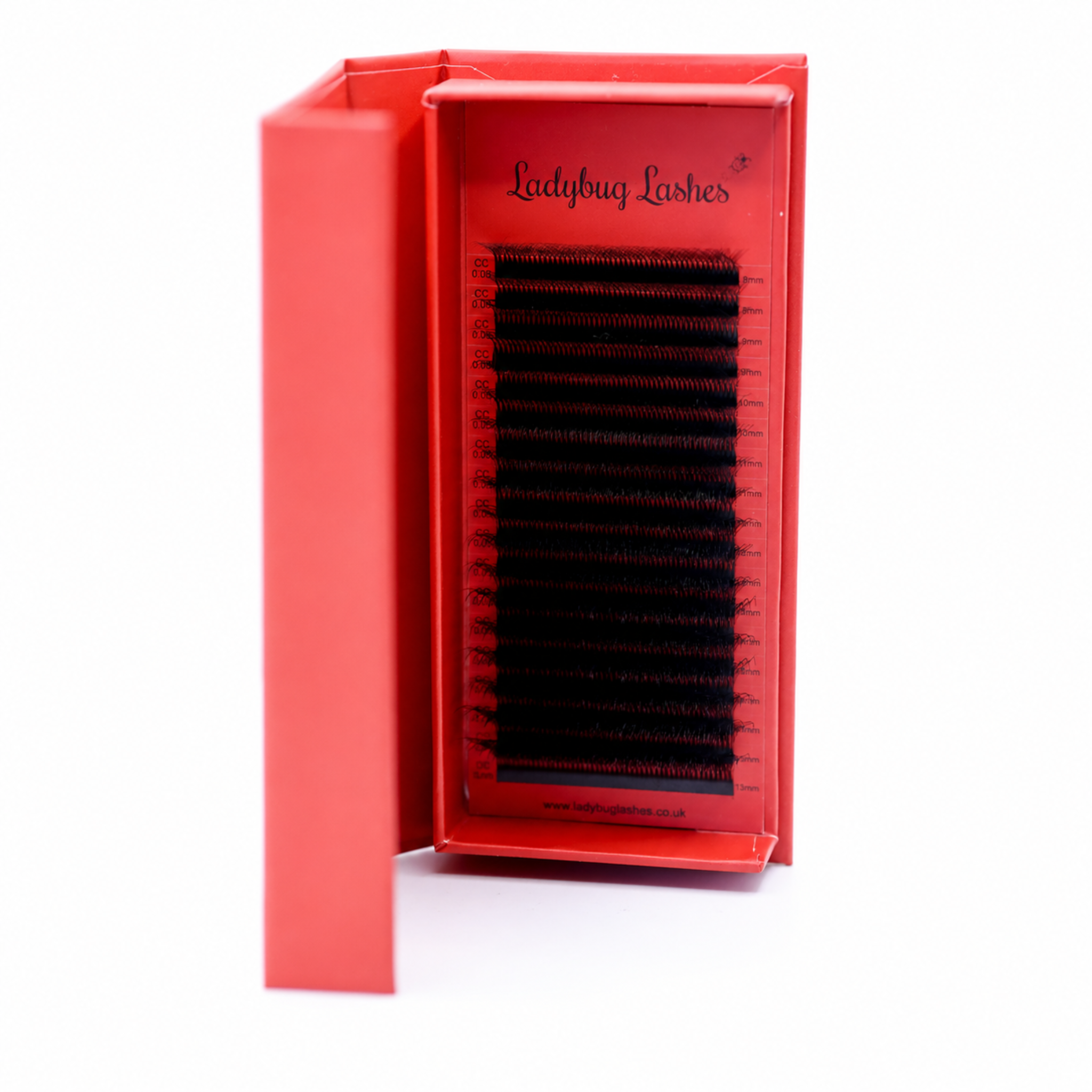 Ladybug Lashes 10D Clover Lash open product shot showing 16 rows of ultra black 10D clover lash fans in red Ladybug Lashes branded packaging from diagonal front angle