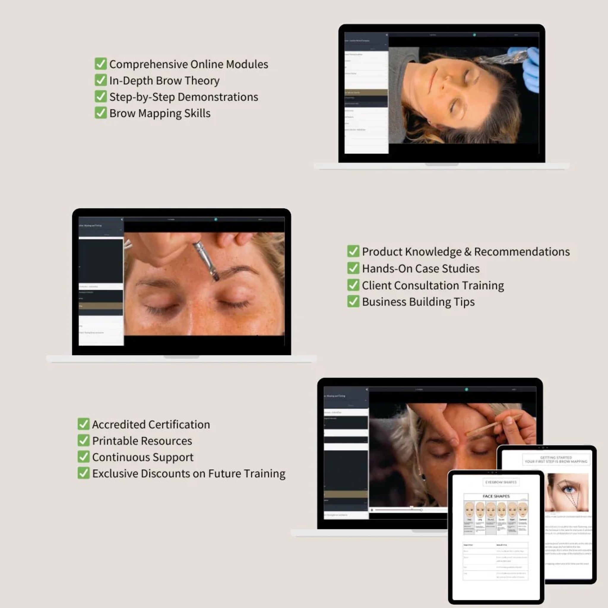 London Brow Company Brow Lamination Waxing and Tinting Course in-treatment extreme close-up showing black-gloved therapist applying brow lamination solution with a blue spoolie brush to brushed-up natural brow hairs on a fair-skinned female client with eyes closed from diagonal overhead angle