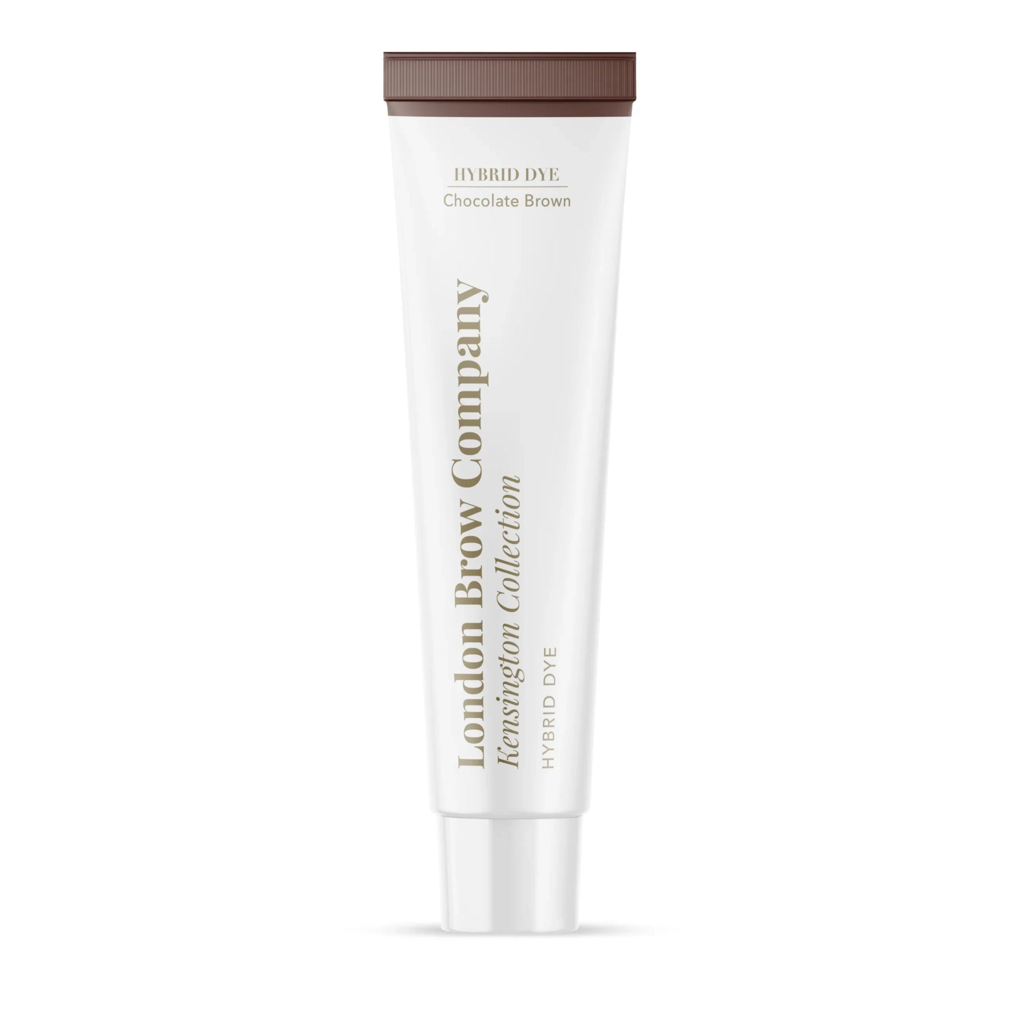 The London Brow Company Kensington Collection Hybrid Dye 15ml tube product shot showing Chocolate Brown shade white tube with dark brown cap and London Brow Company Kensington Collection Hybrid Dye label from front angle on white background