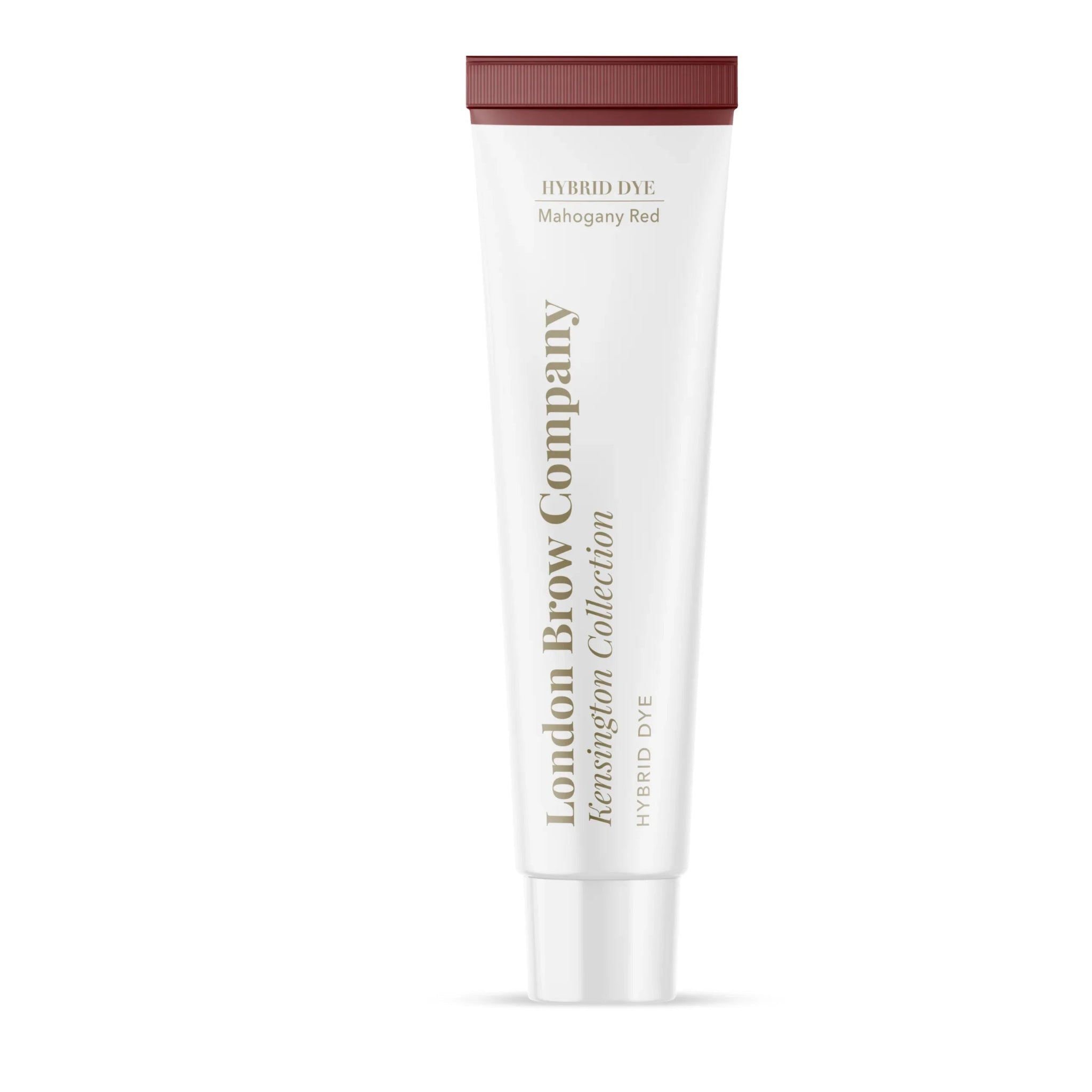 The London Brow Company Kensington Collection Hybrid Dye 15ml tube product shot showing Mahogany Red shade white tube with deep red cap and London Brow Company Kensington Collection Hybrid Dye label from front angle on white background