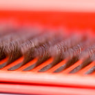 Brown 6D Clover  lash tray with neat rows of pre-made fans on red Ladybug Lashes strip ready for professional volume application