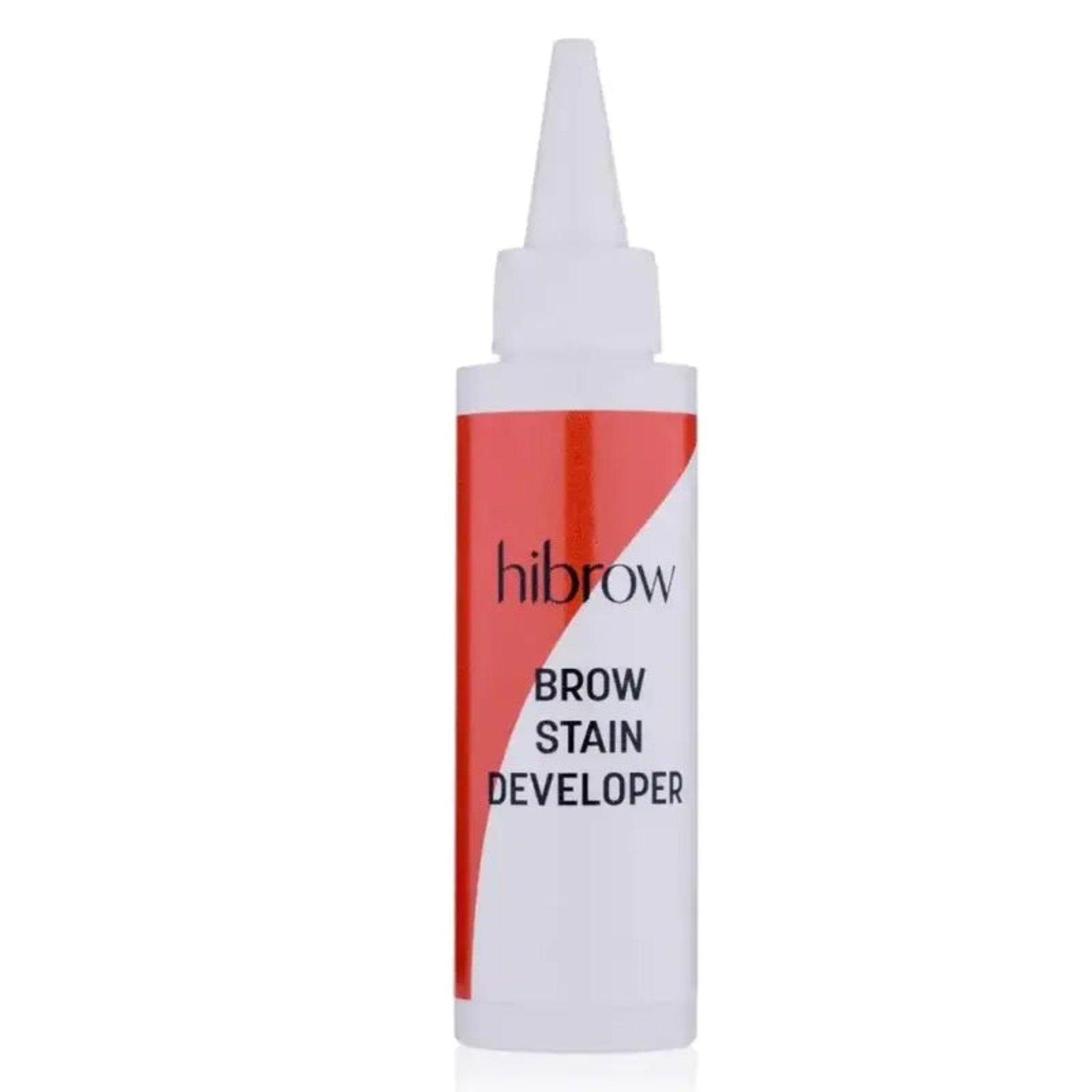 Hi Brow Brow Stain Developer 100ml product shot showing white squeeze bottle with pointed nozzle cap and red and white Hi Brow Brow Stain Developer label from front angle on white background