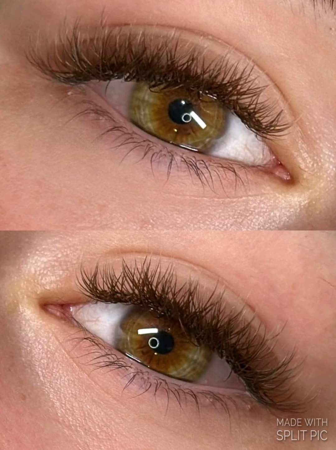 Close-up of eyes with applied eyelashes showing before and after results of using the product.