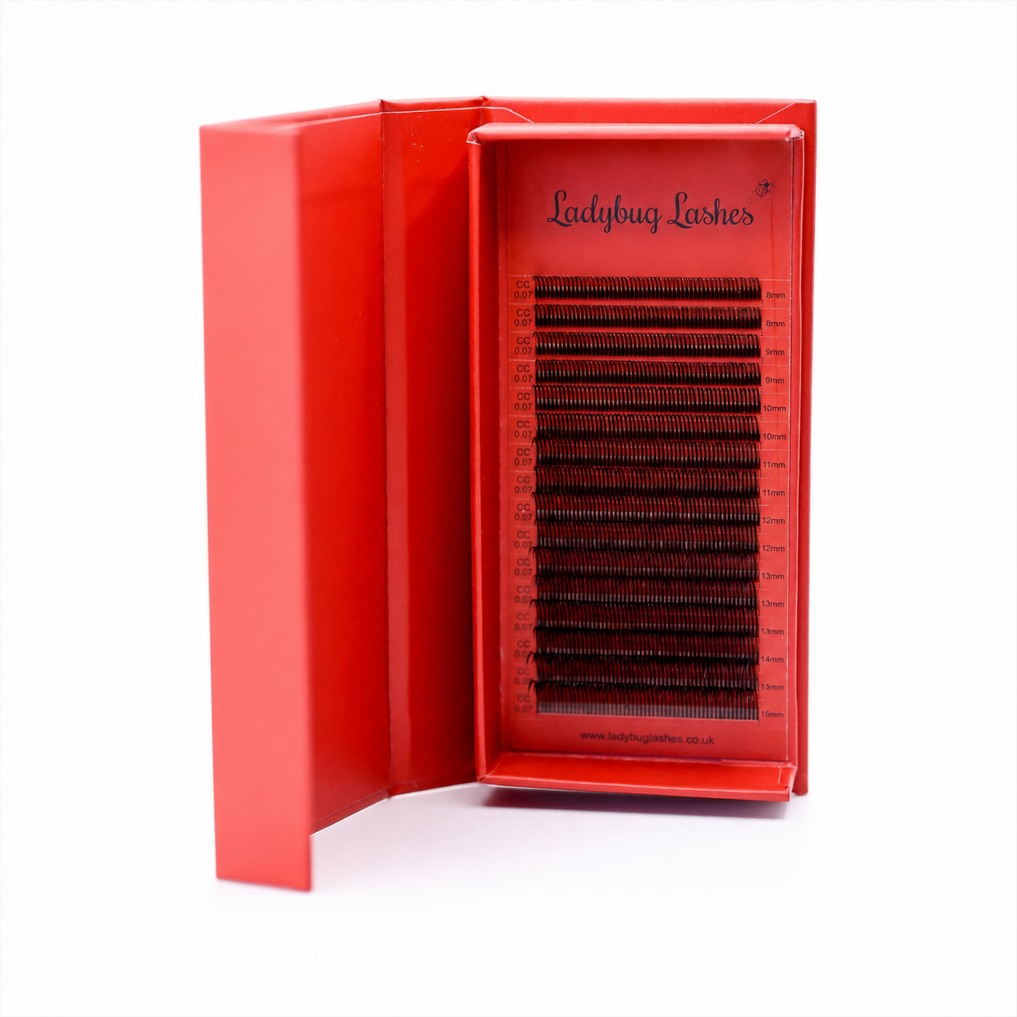 Angel Lash Tray – 5-strand pre-made fans, 16 rows, 8–15mm lengths, C/CC/D curls, 0.05 and 0.07 diameter, Ladybug Lashes