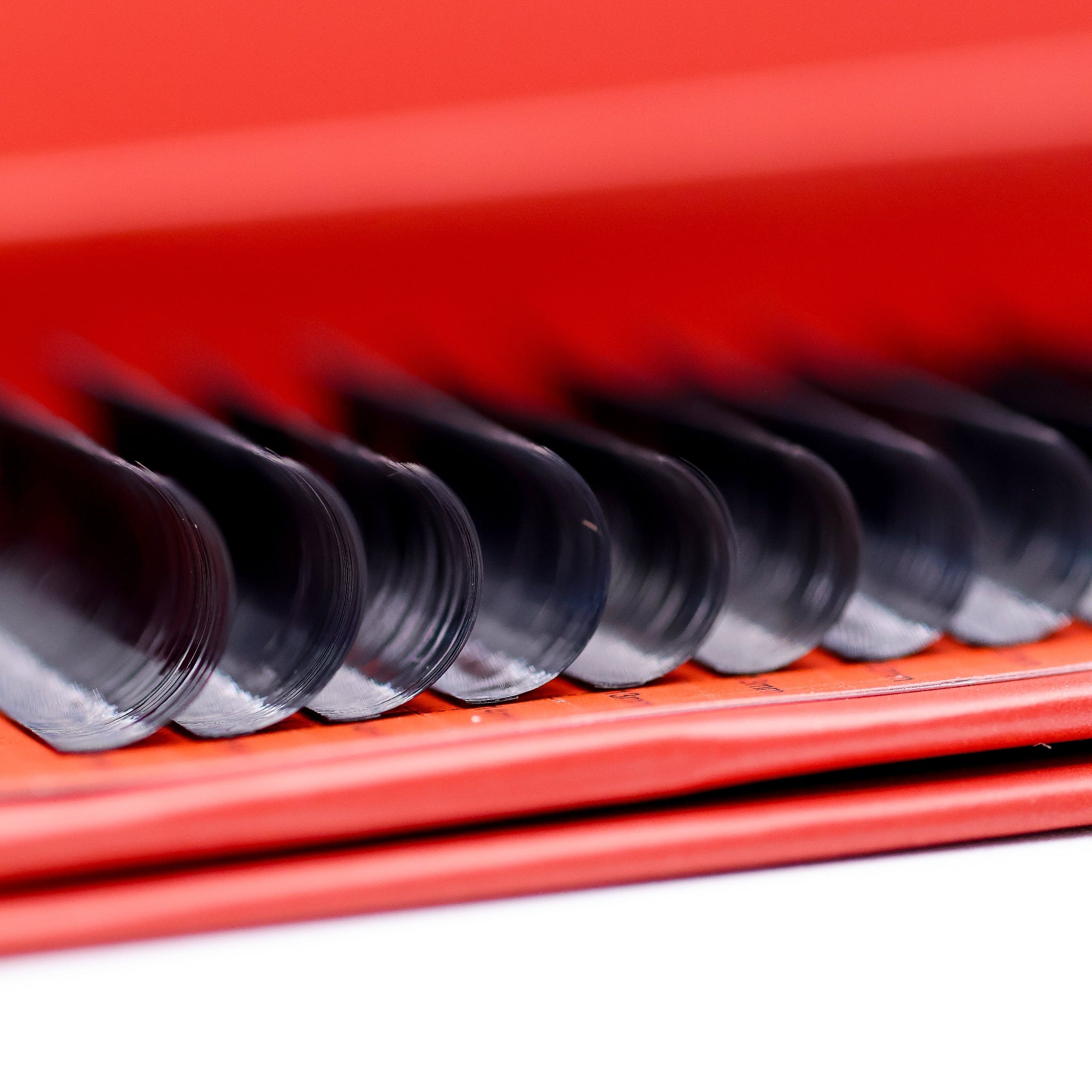 Extreme macro close-up of wet look lash extensions on red Ladybug Lashes tray showing glossy spike tips and flat bonded bases from side angle