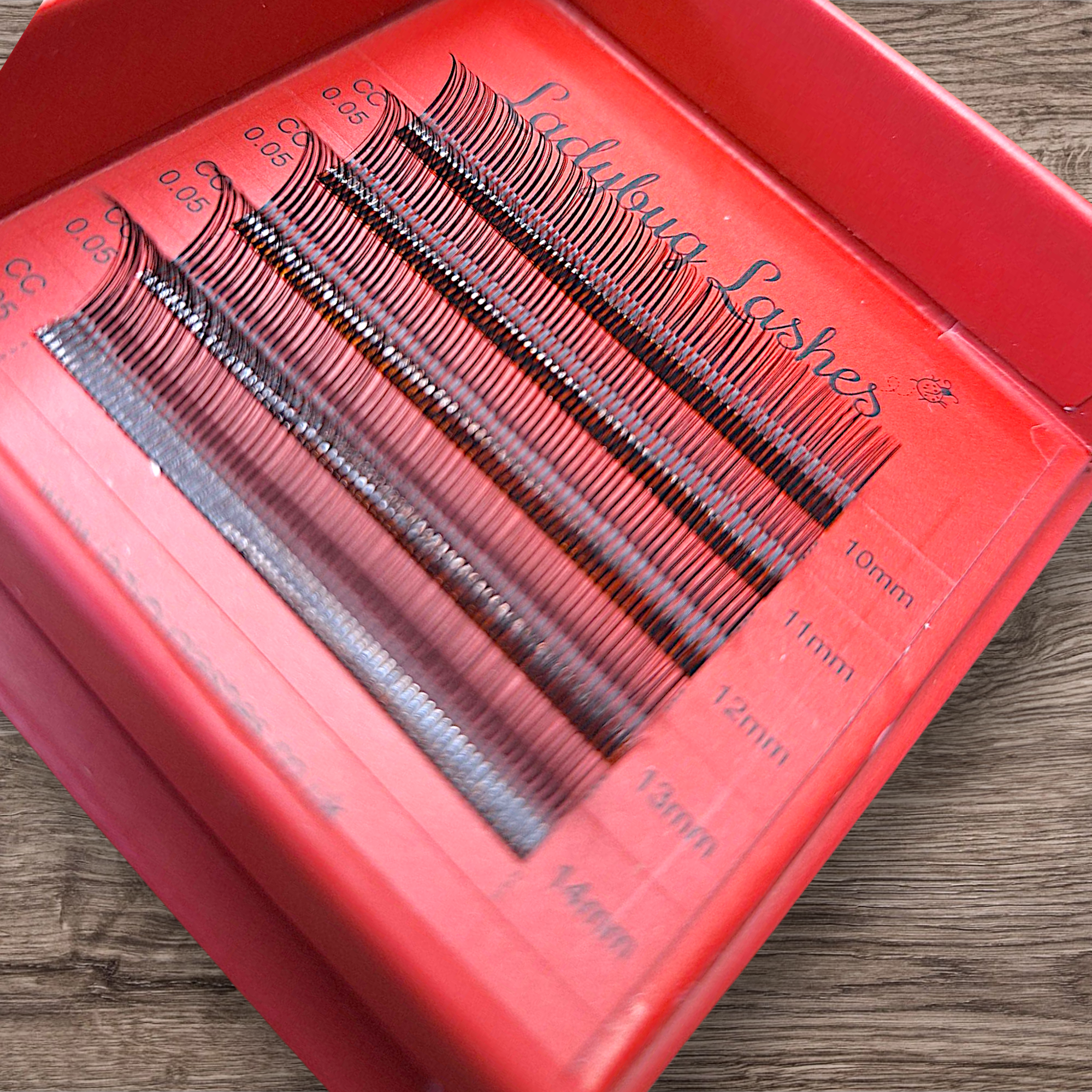 Red box containing false eyelashes with 'Ladybug Lashes' branding on a wooden surface.