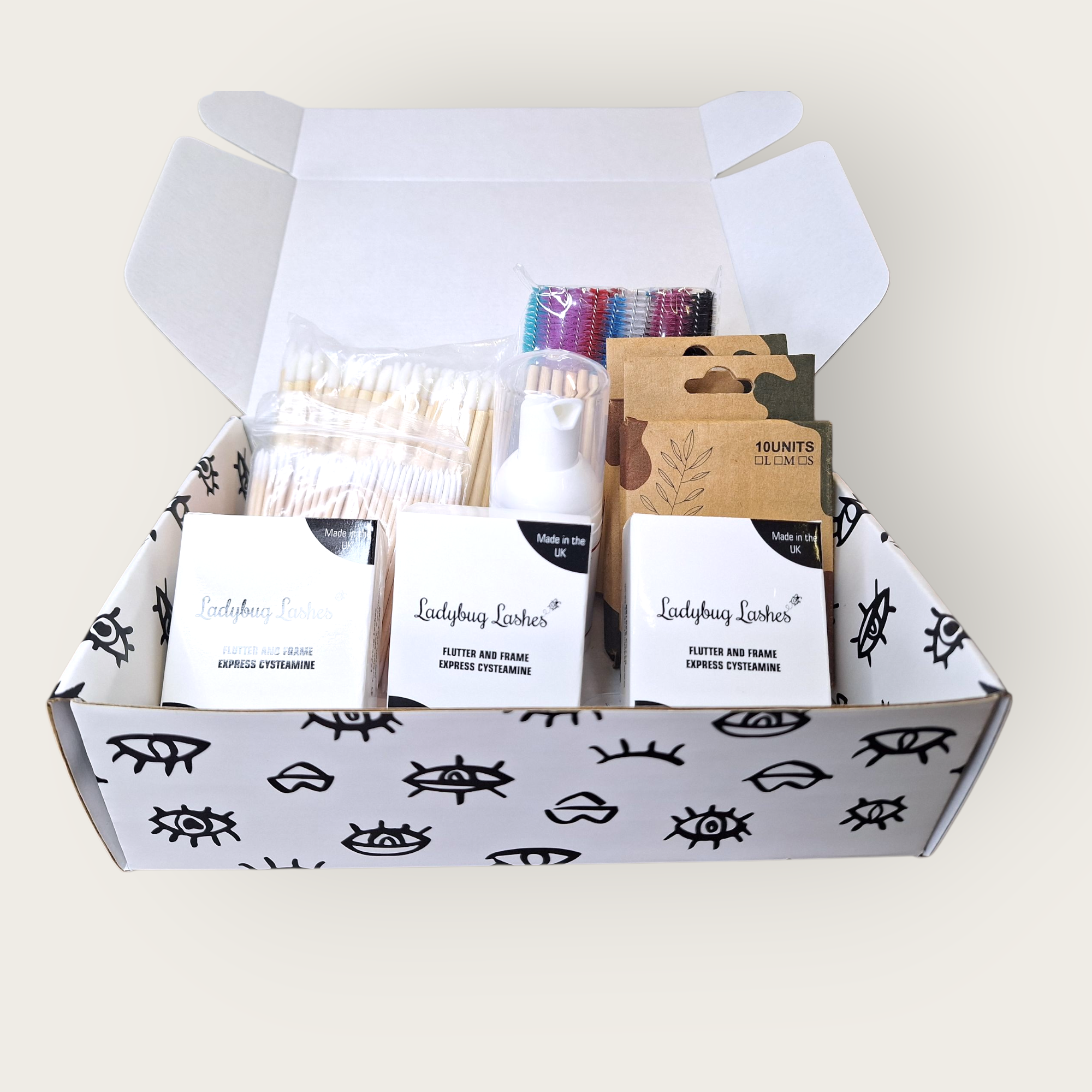 Box containing Ladybird Lashes products on a white background