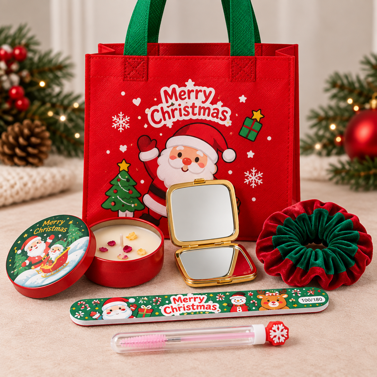 Christmas client gift bag for lash and brow artists with candle, mirror, scrunchie, nail file and spoolie