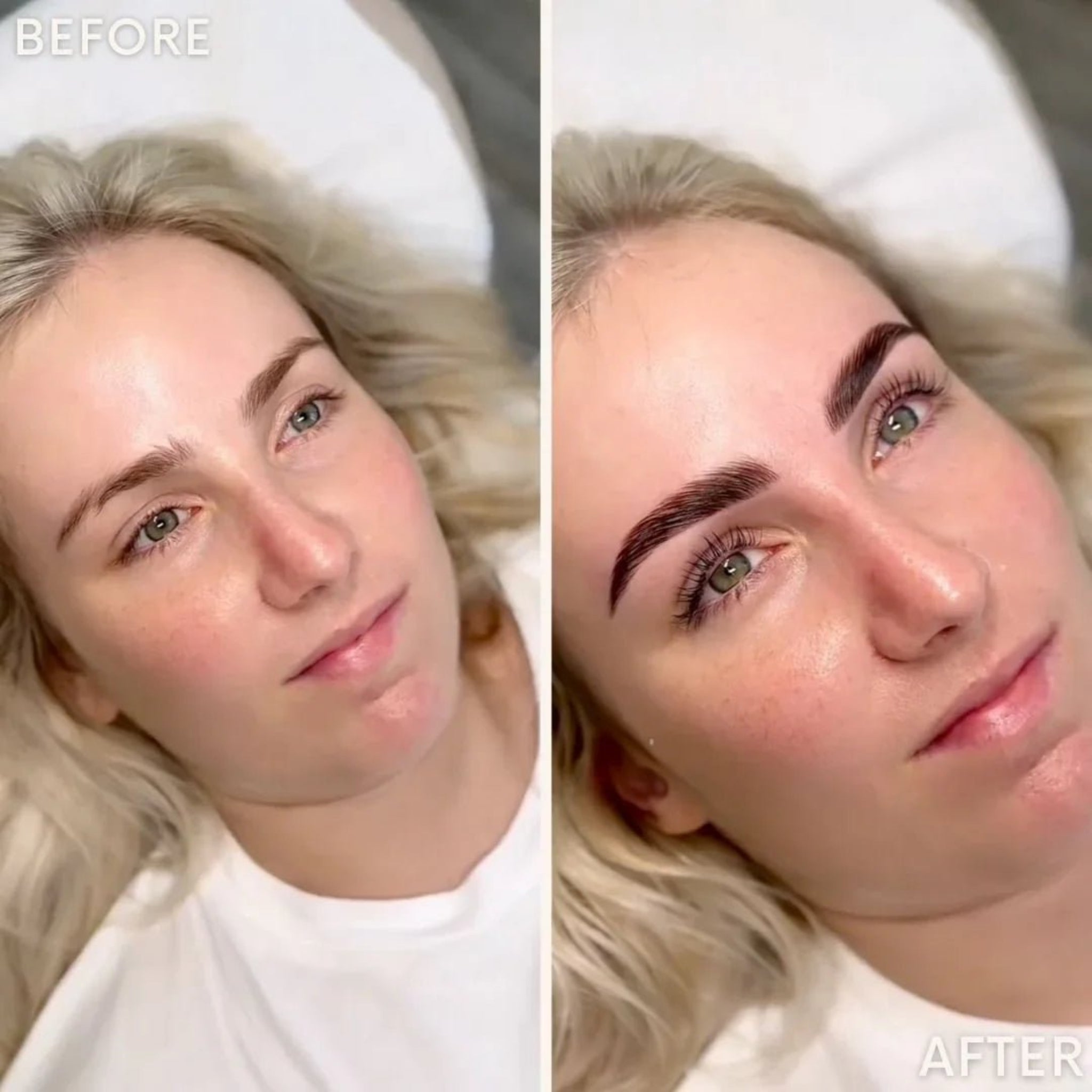 London Brow Company Kensington Collection Hybrid Brow Dye before and after result shot showing fair-skinned blonde woman lying down — left panel showing sparse light natural brows before treatment, right panel showing defined dark tinted brows after treatment from three-quarter angle